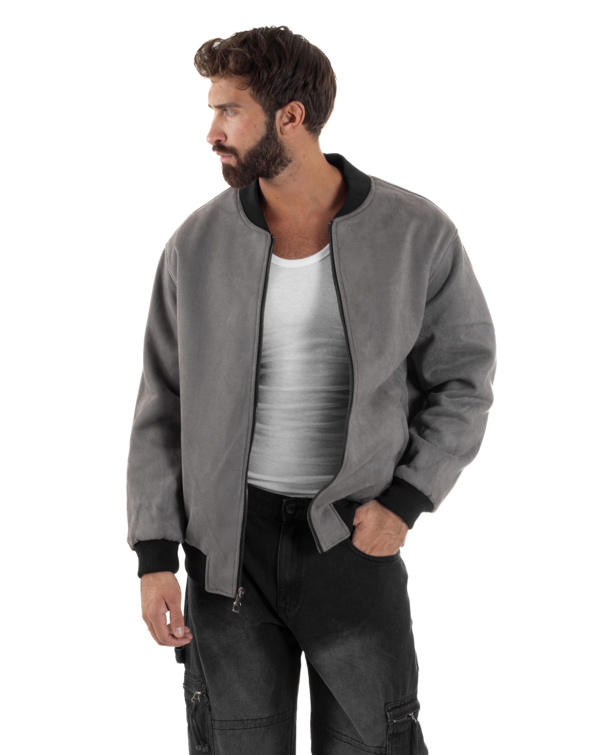 Giubbotto Double Face Bomber College Ecopelle Camoscio Grigio G3341A