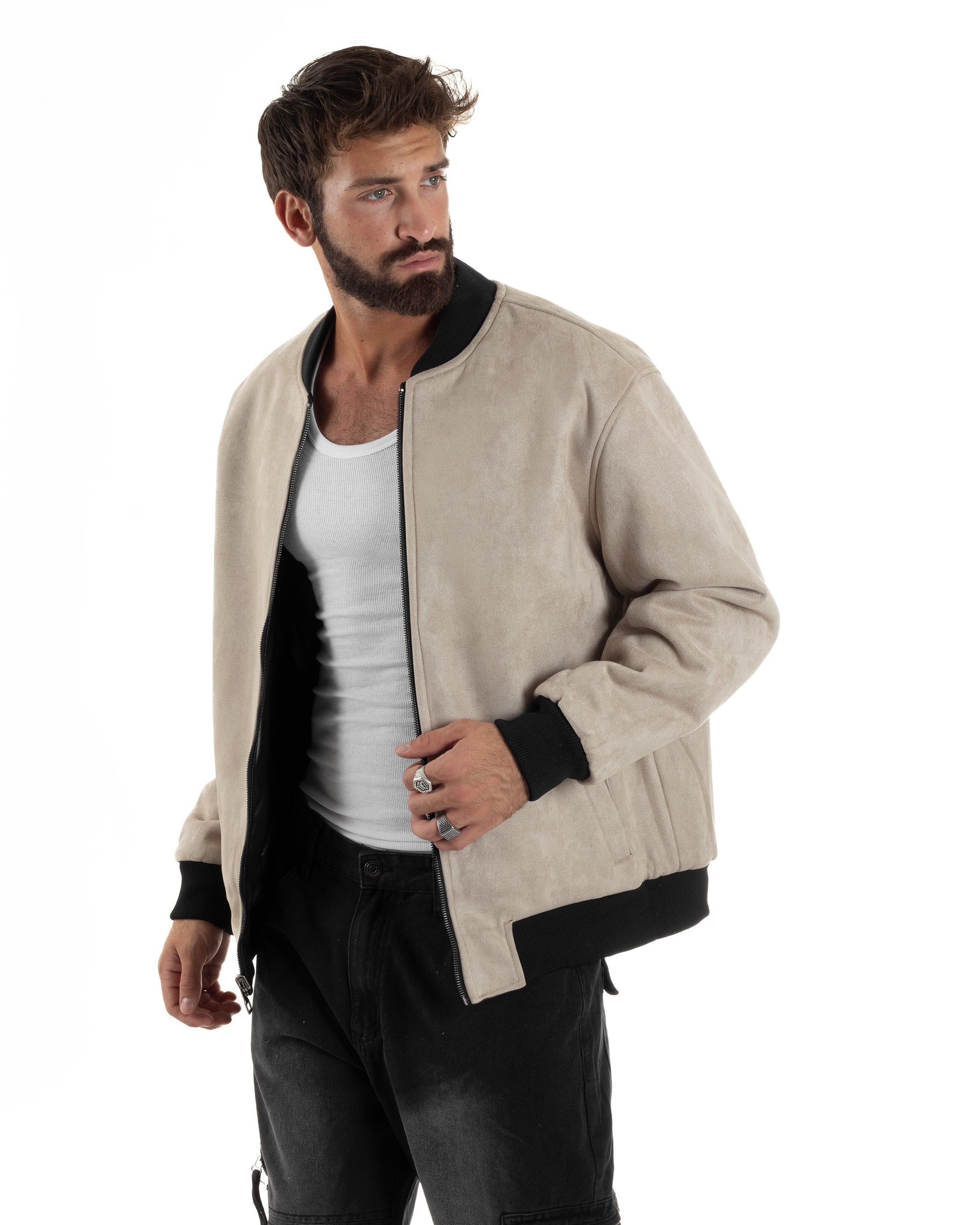 Giubbotto Double Face Bomber College Ecopelle Camoscio Beige G3342A