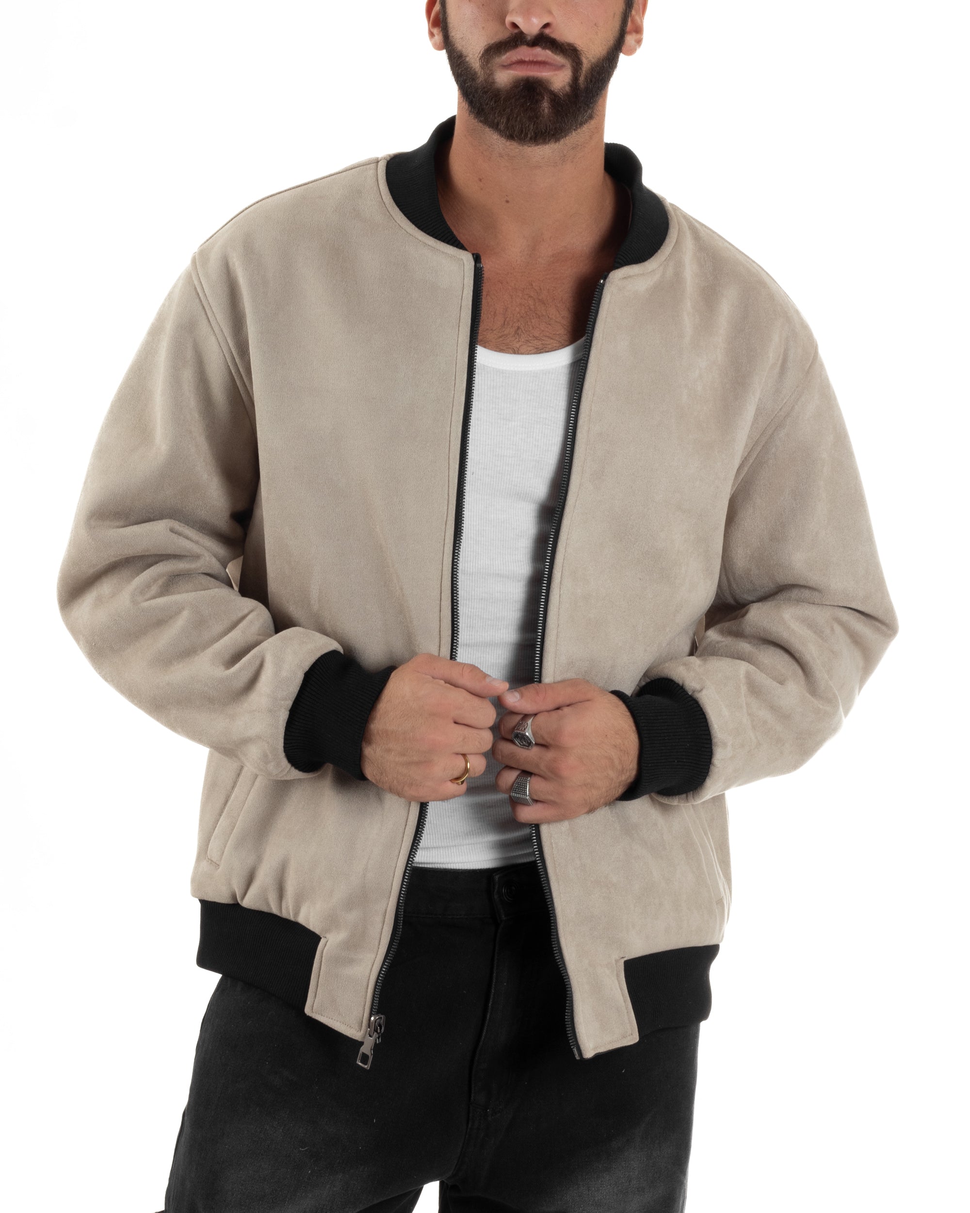 Giubbotto Double Face Bomber College Ecopelle Camoscio Beige G3342A