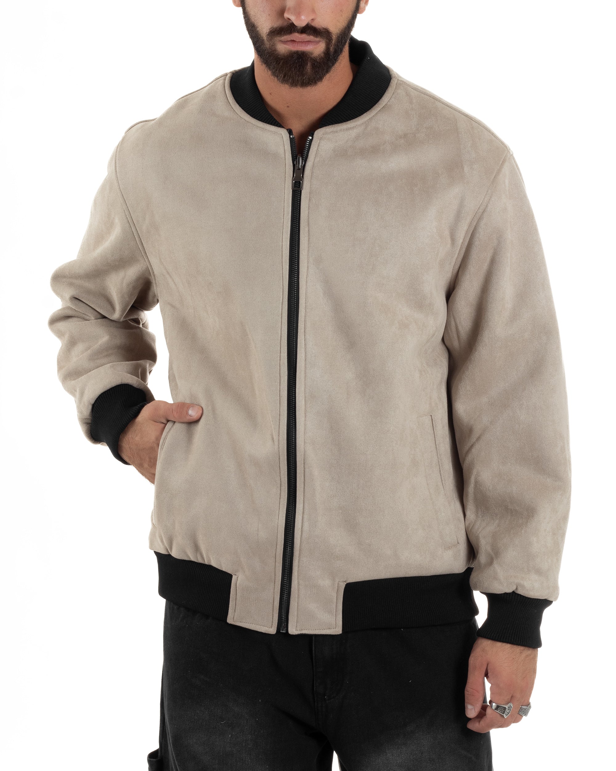 Giubbotto Double Face Bomber College Ecopelle Camoscio Beige G3342A