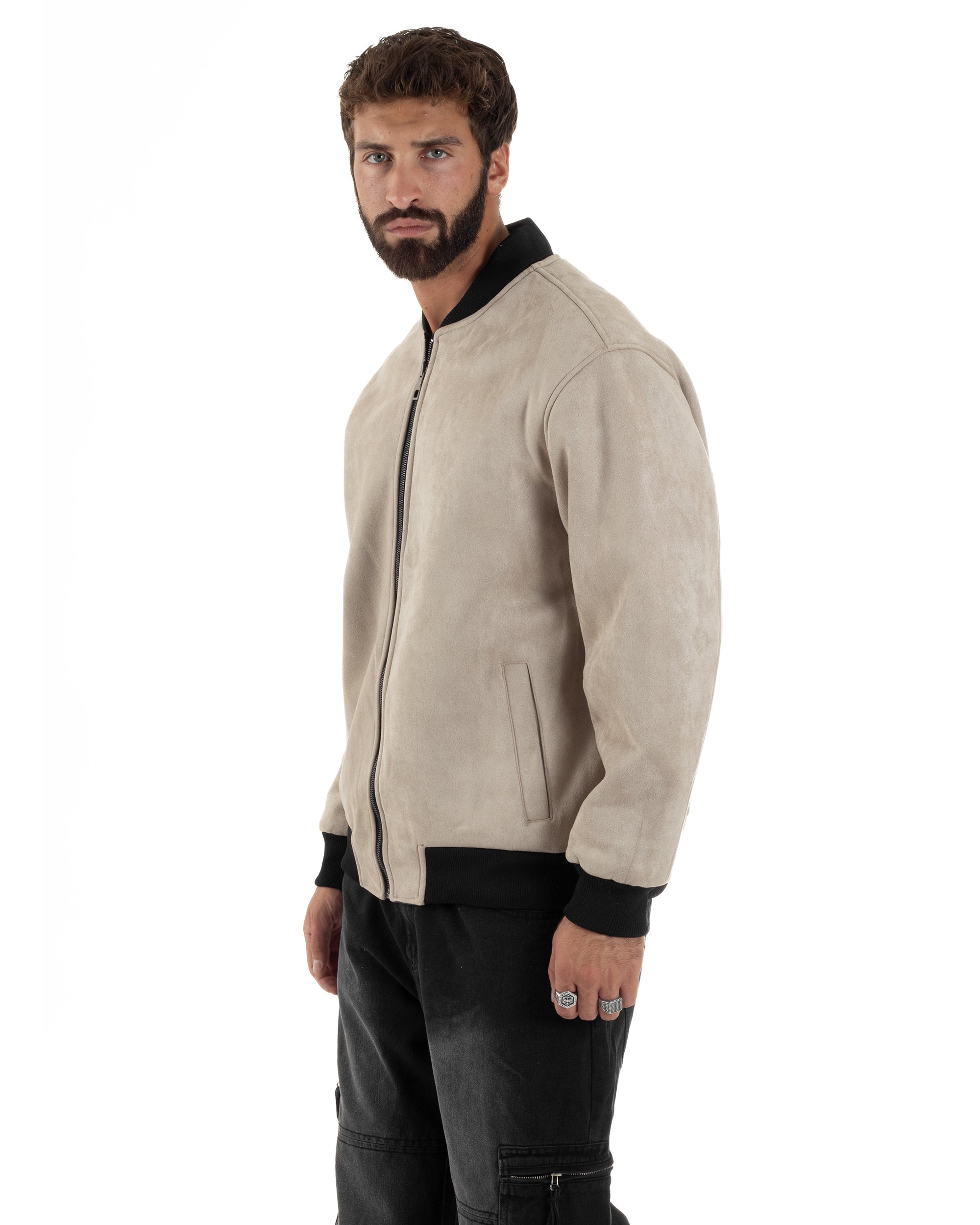 Giubbotto Double Face Bomber College Ecopelle Camoscio Beige G3342A