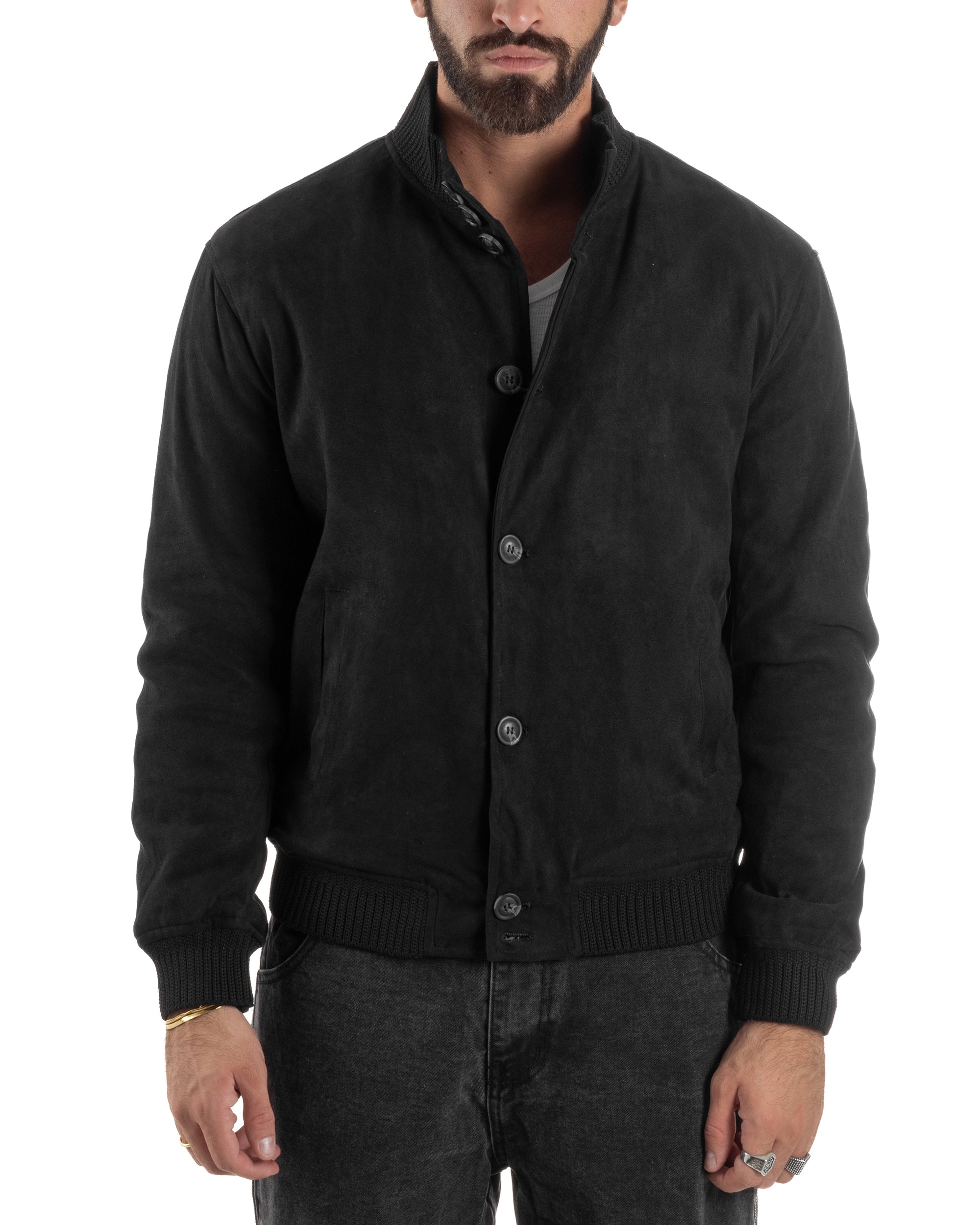 Giubbotto Uomo Giacca College Camoscio Con Bottoni Nero G3348A