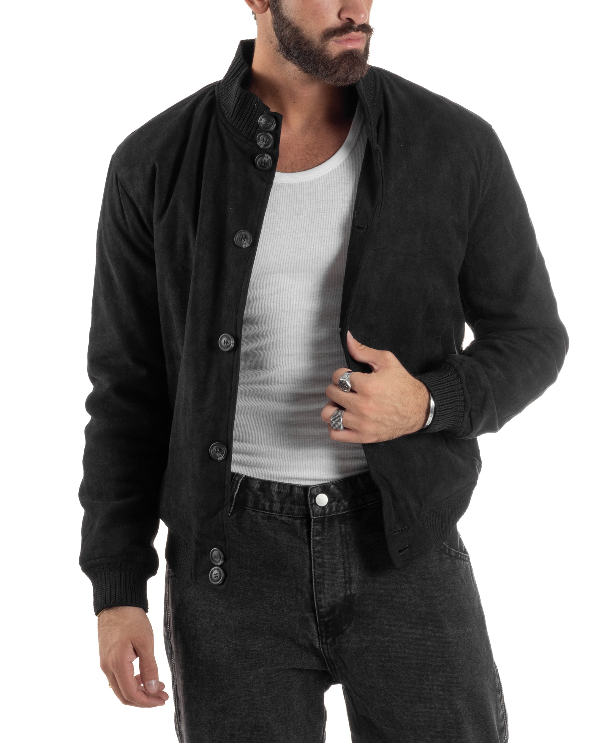 Giubbotto Uomo Giacca College Camoscio Con Bottoni Nero G3348A