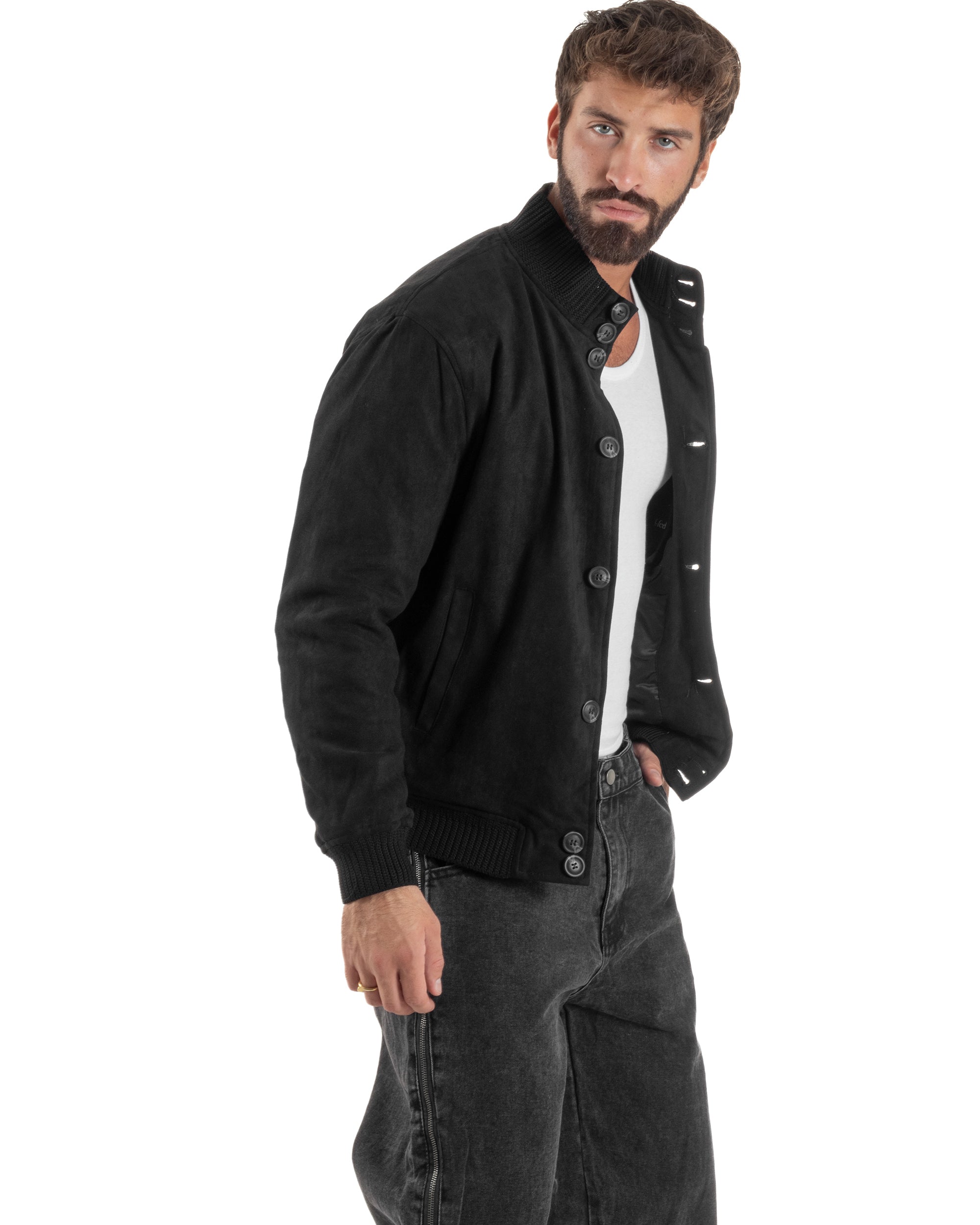 Giubbotto Uomo Giacca College Camoscio Con Bottoni Nero G3348A