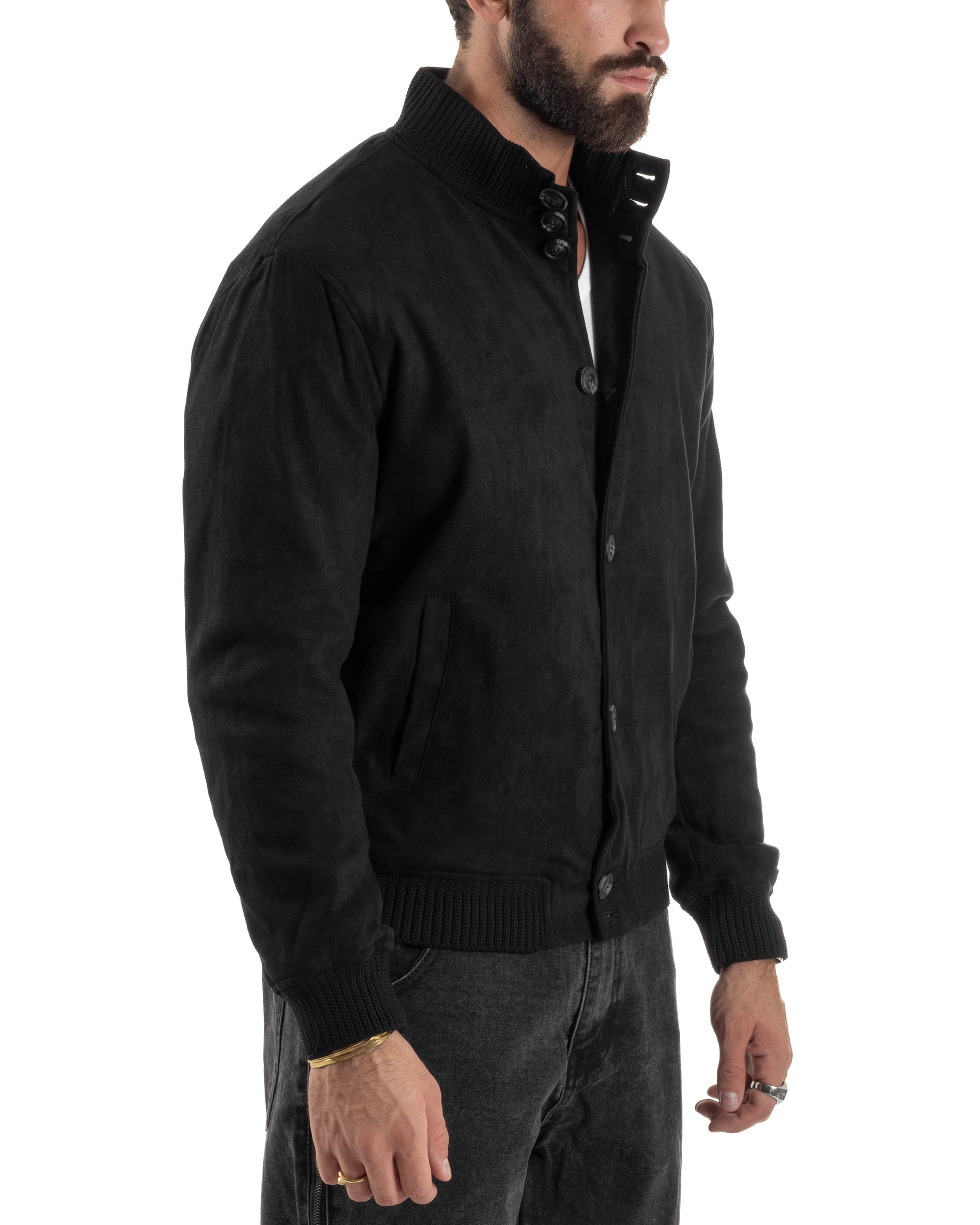 Giubbotto Uomo Giacca College Camoscio Con Bottoni Nero G3348A