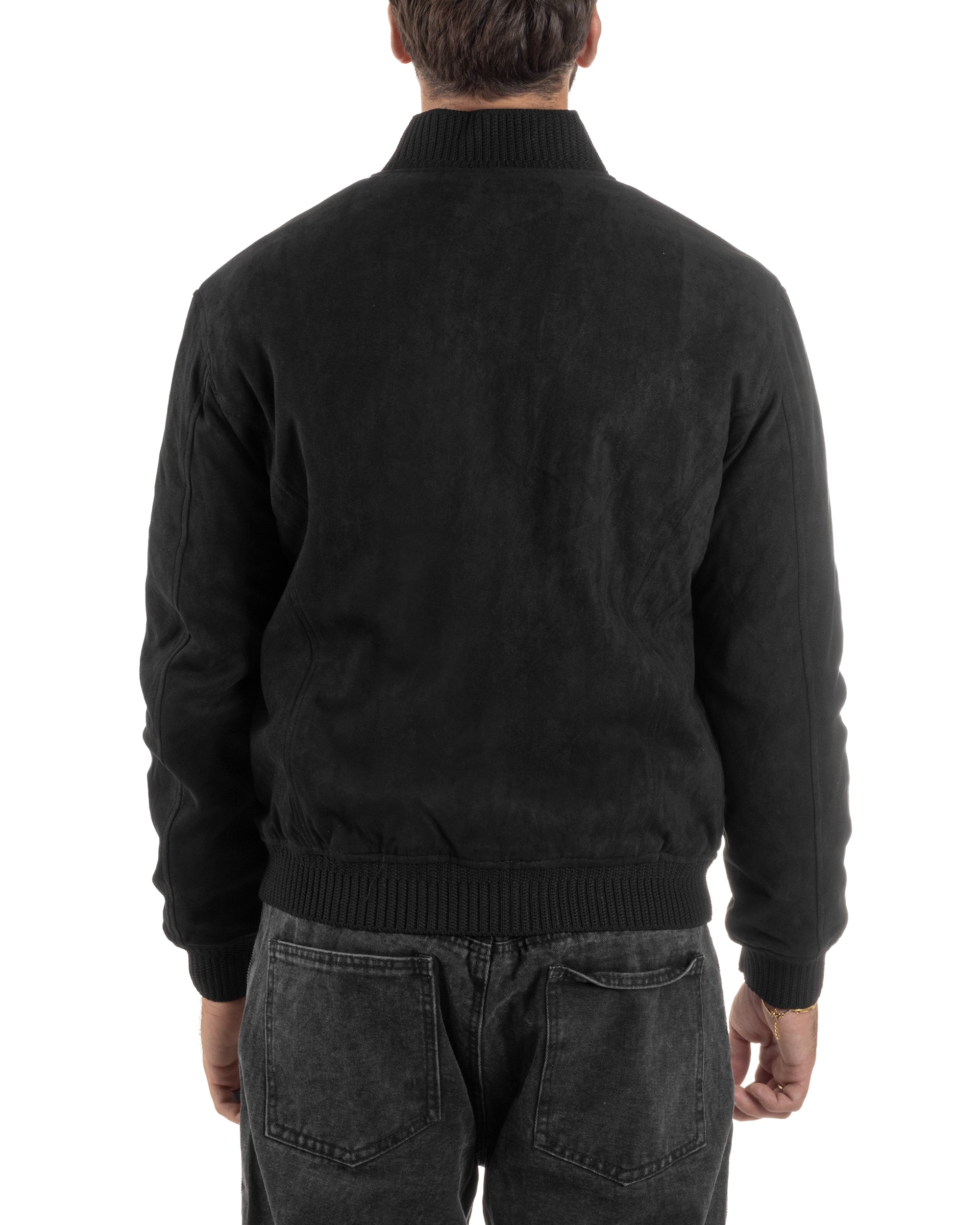 Giubbotto Uomo Giacca College Camoscio Con Bottoni Nero G3348A