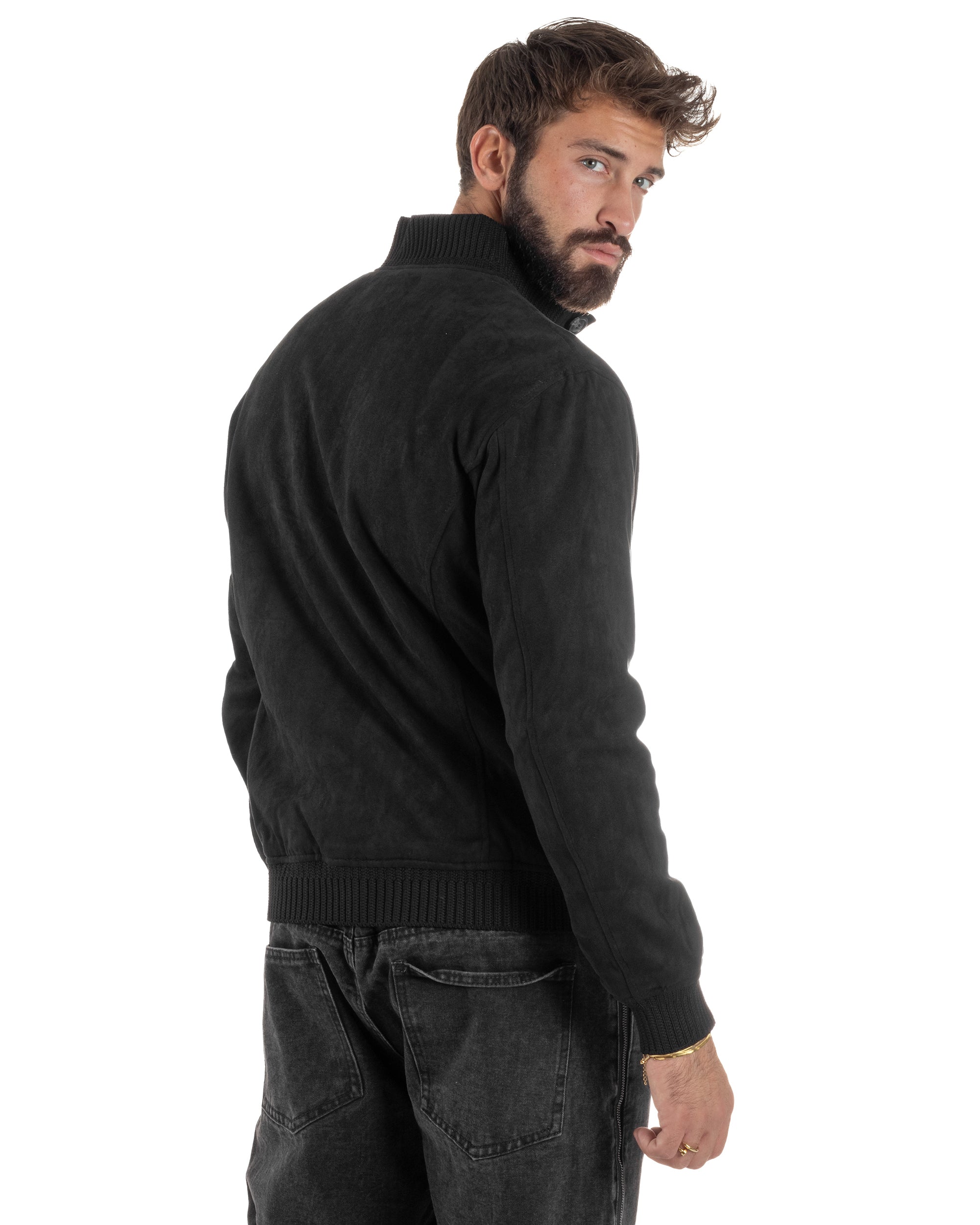 Giubbotto Uomo Giacca College Camoscio Con Bottoni Nero G3348A