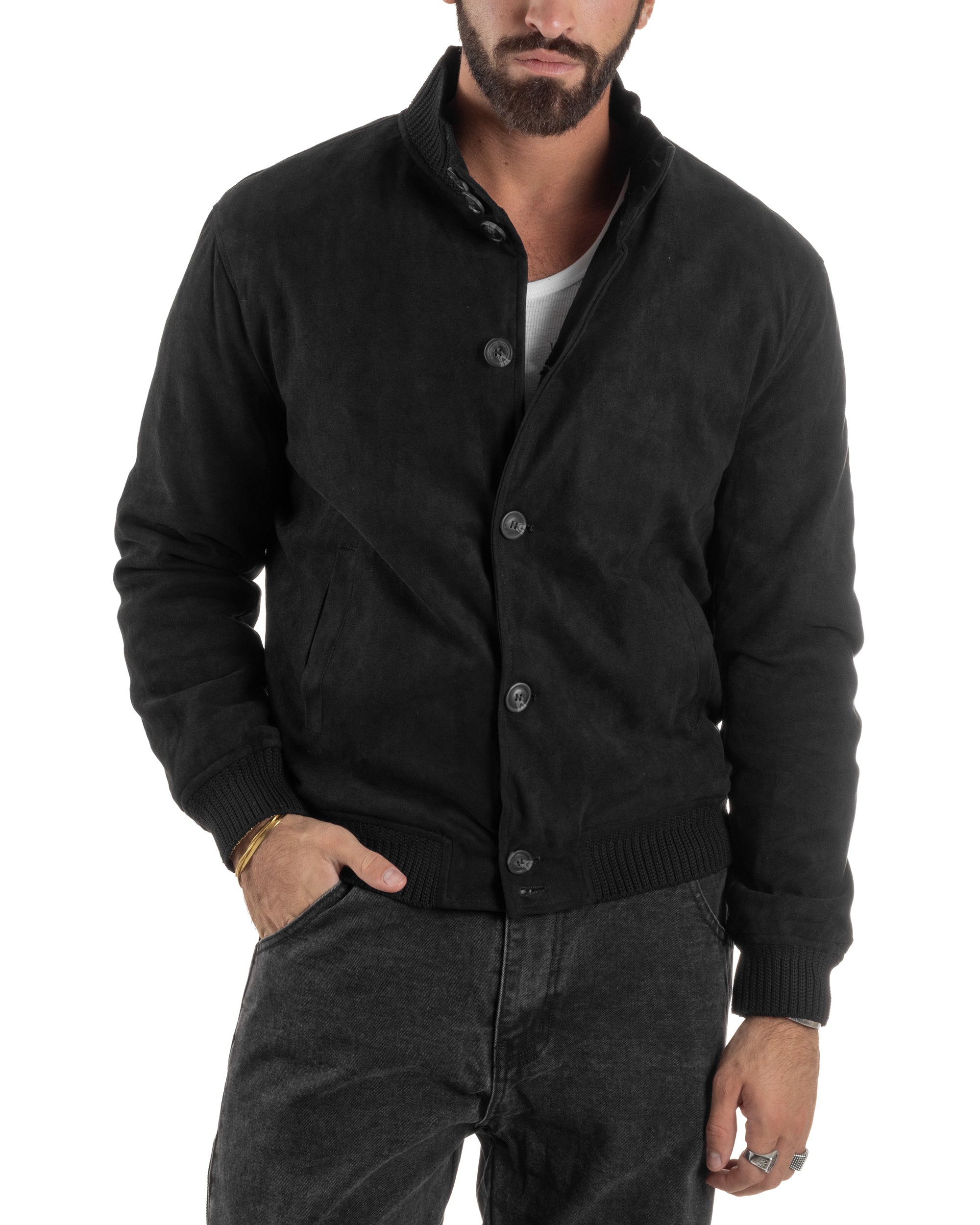 Giubbotto Uomo Giacca College Camoscio Con Bottoni Nero G3348A