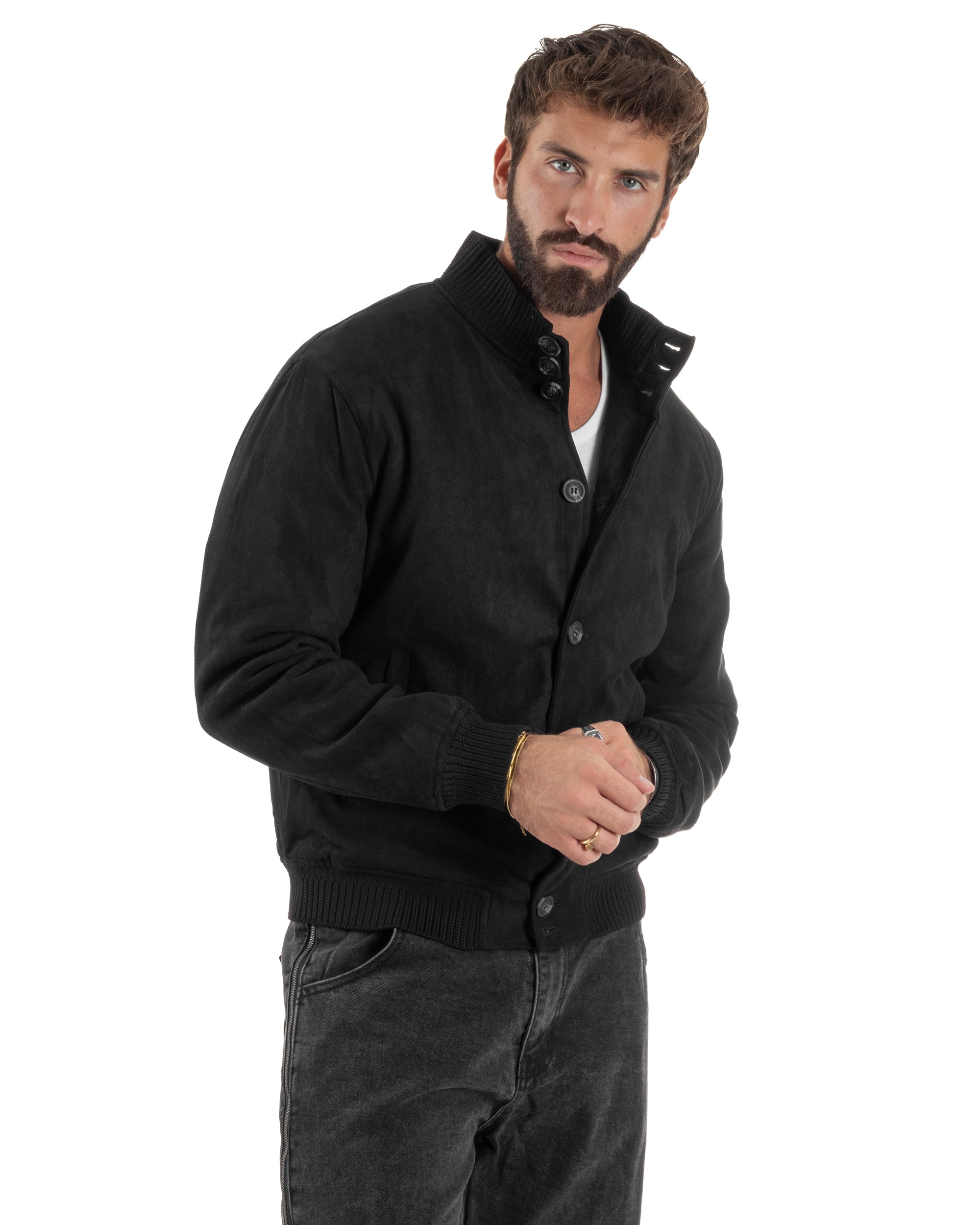 Giubbotto Uomo Giacca College Camoscio Con Bottoni Nero G3348A