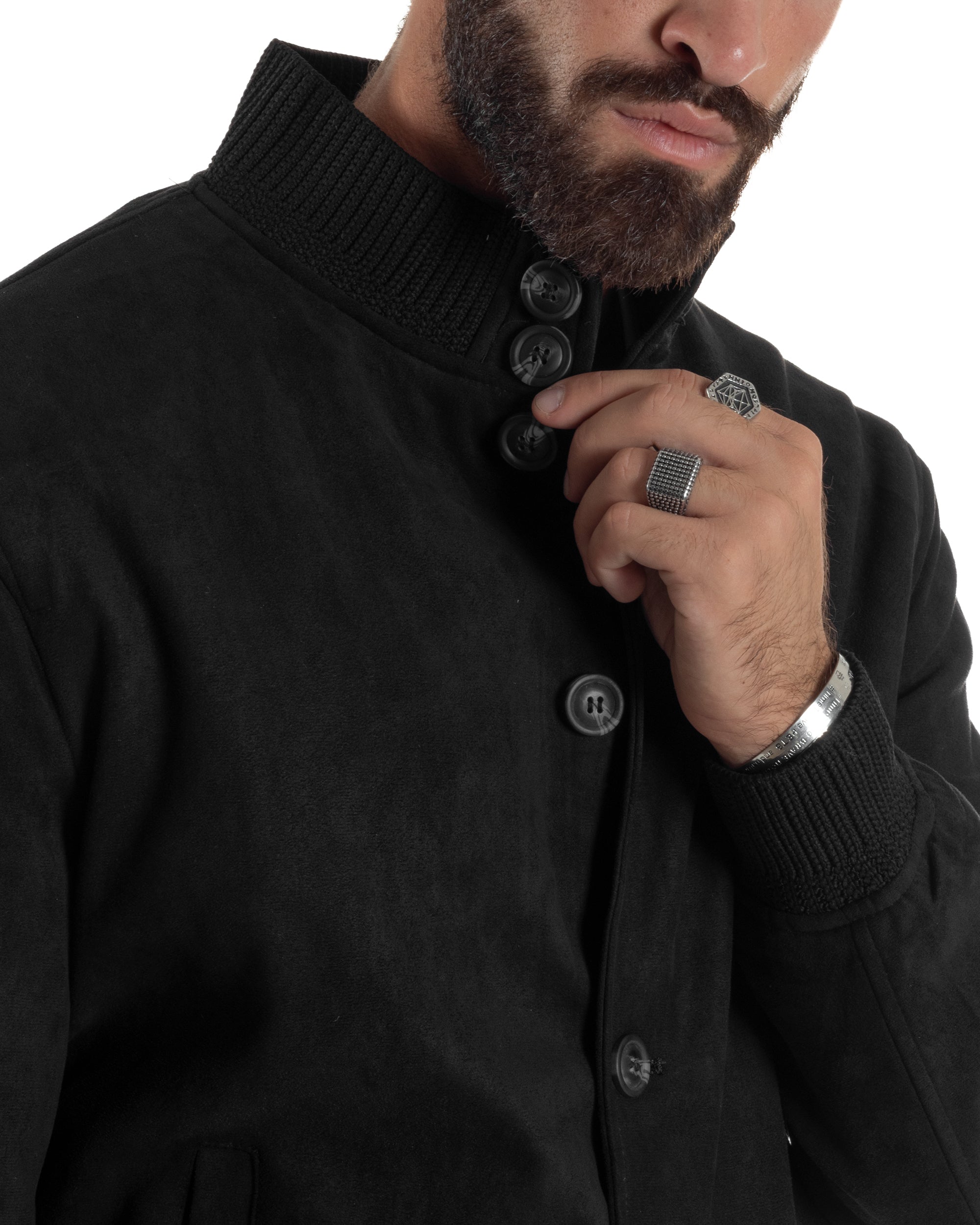 Giubbotto Uomo Giacca College Camoscio Con Bottoni Nero G3348A