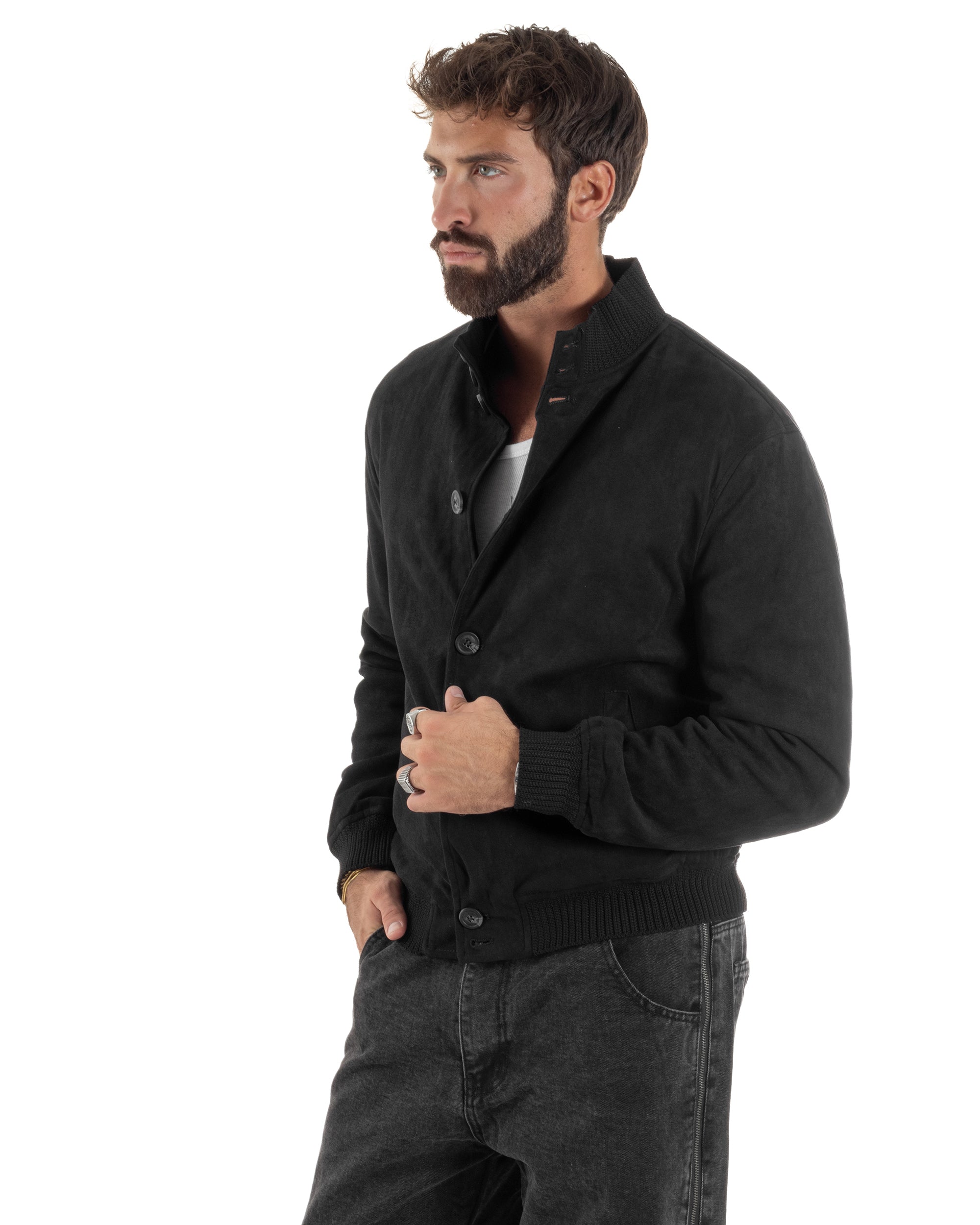 Giubbotto Uomo Giacca College Camoscio Con Bottoni Nero G3348A