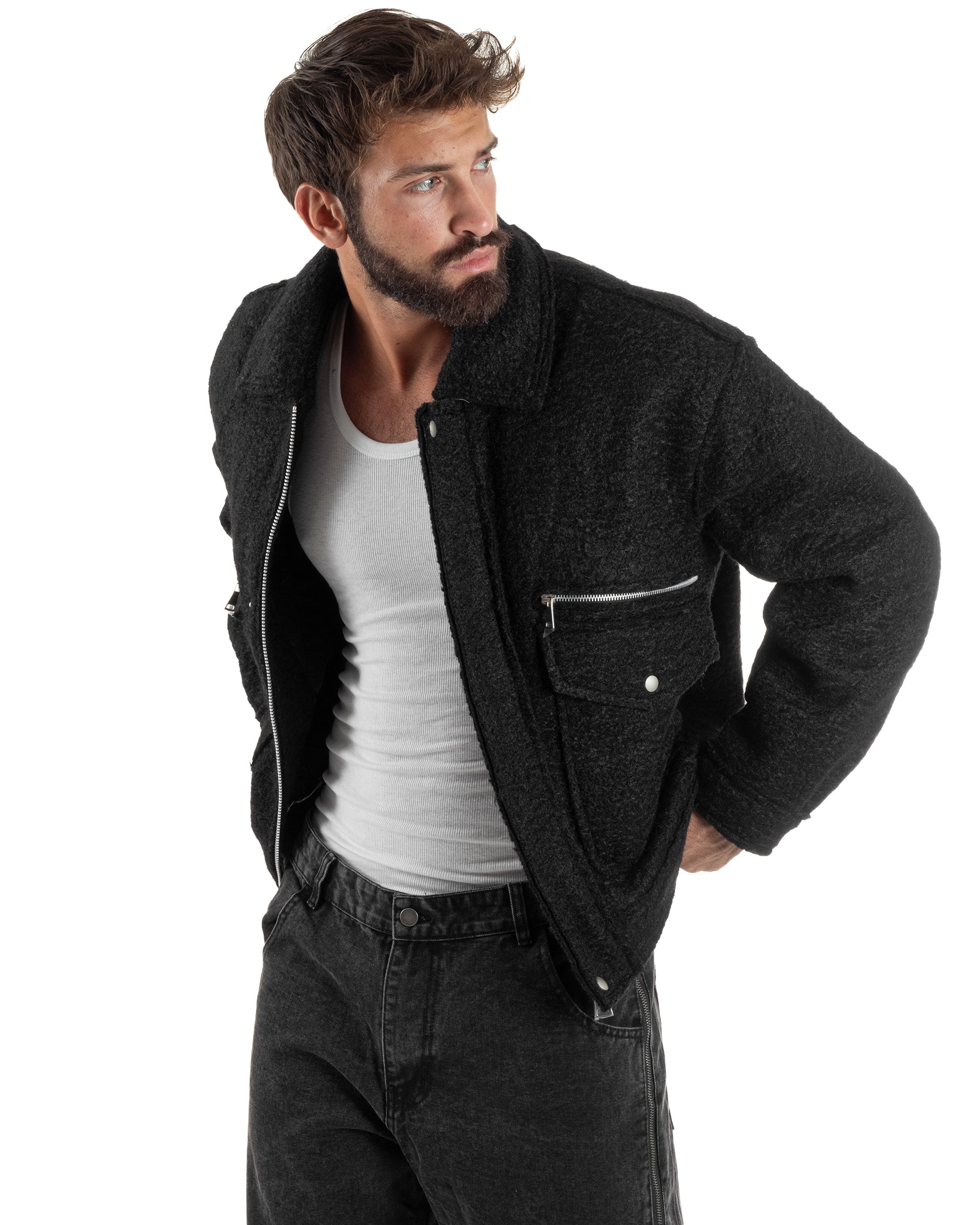 Giubbotto Uomo Teddy Bomber Over Colletto Zip Nero G3350A