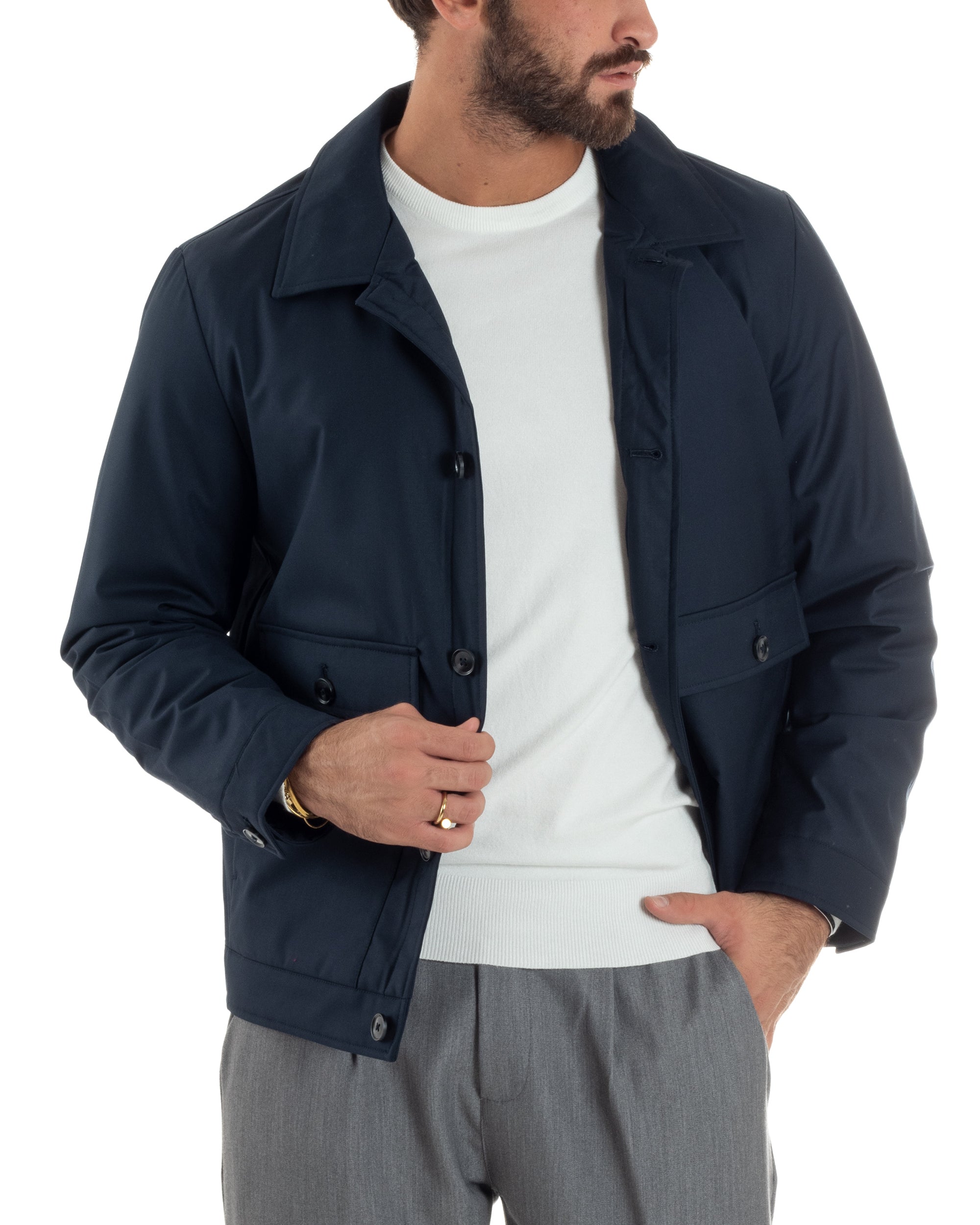 Giubbotto Uomo Tessuto Tecnico Impermeabile Giacca Basic Blu G3352A