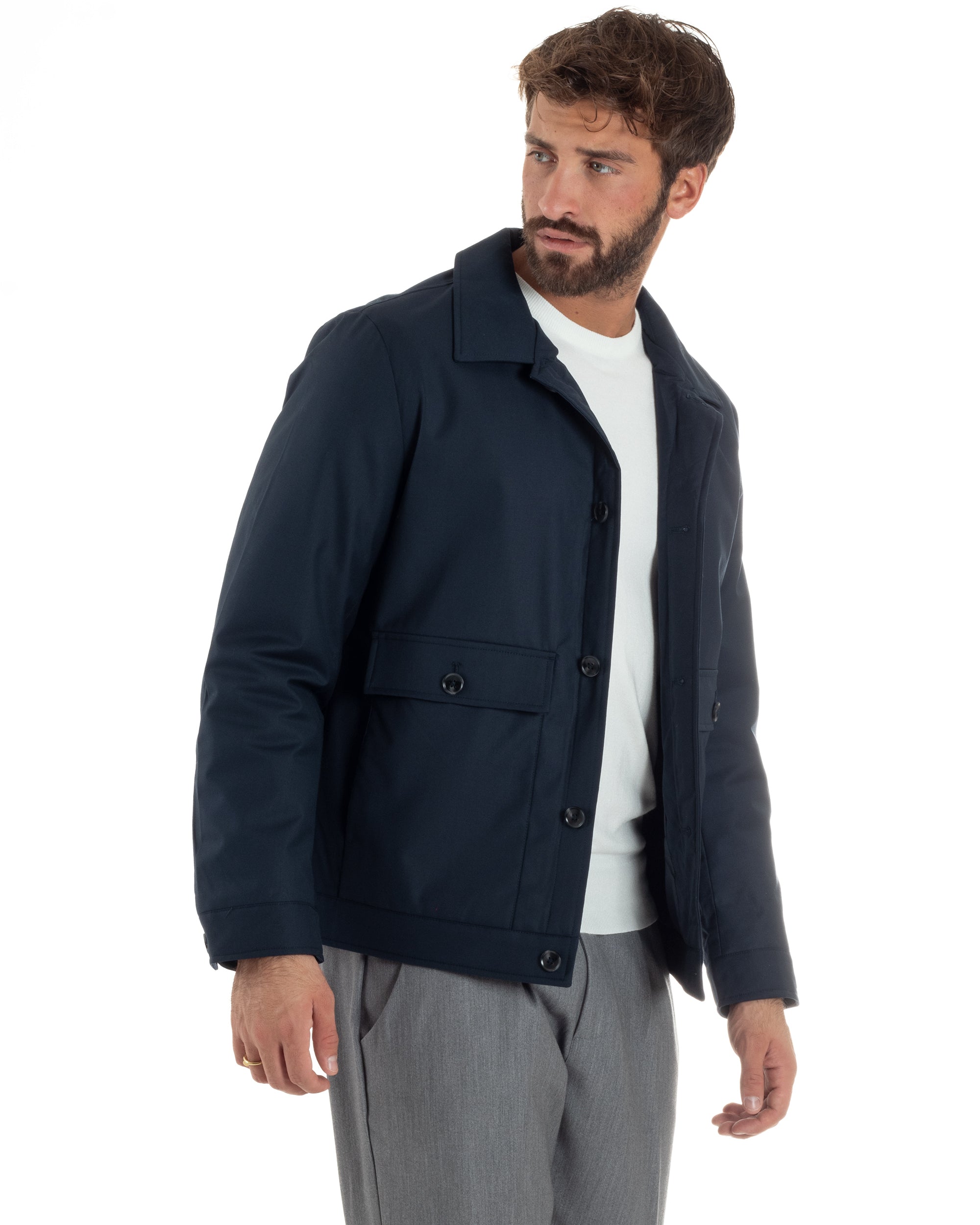 Giubbotto Uomo Tessuto Tecnico Impermeabile Giacca Basic Blu G3352A