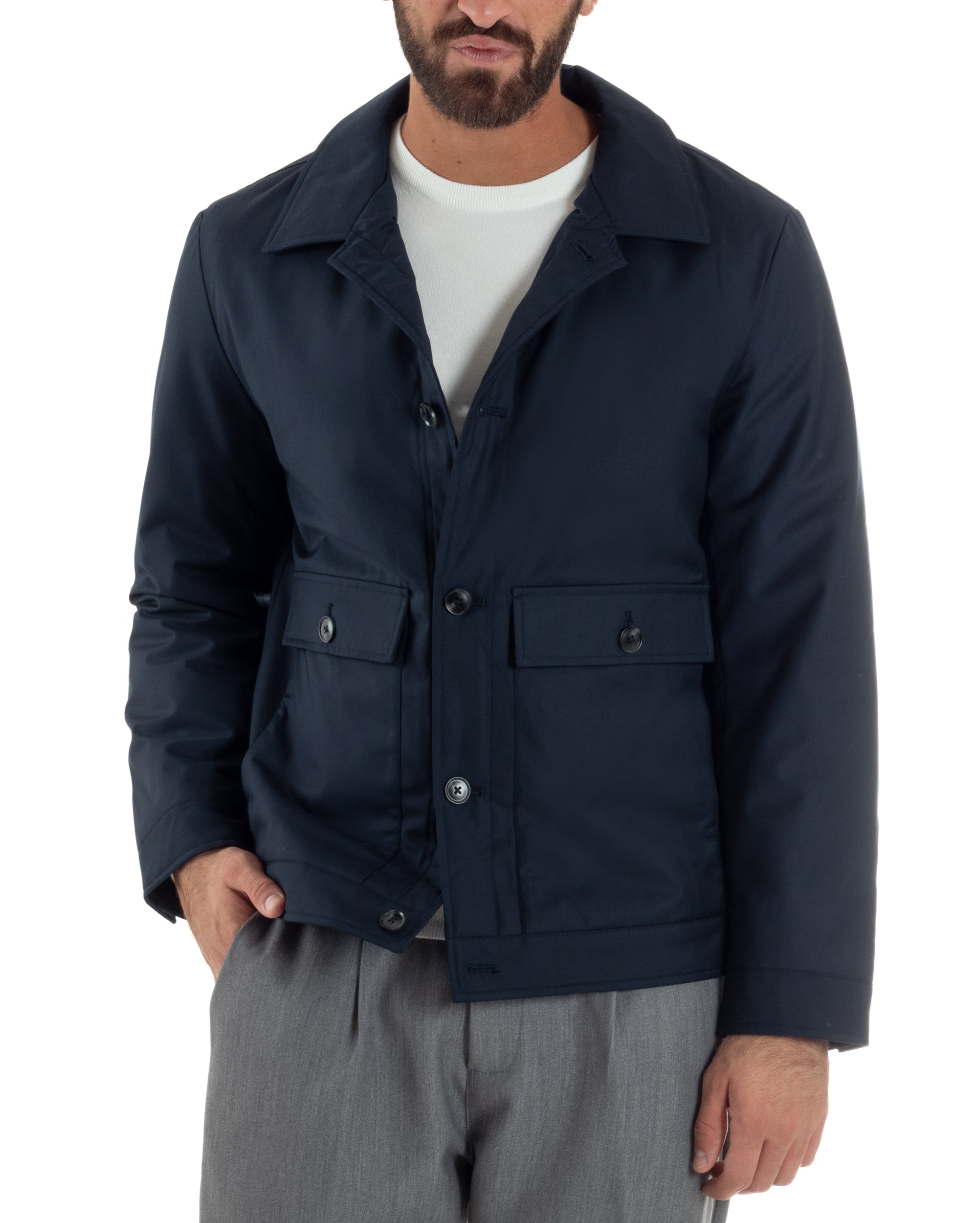 Giubbotto Uomo Tessuto Tecnico Impermeabile Giacca Basic Blu G3352A