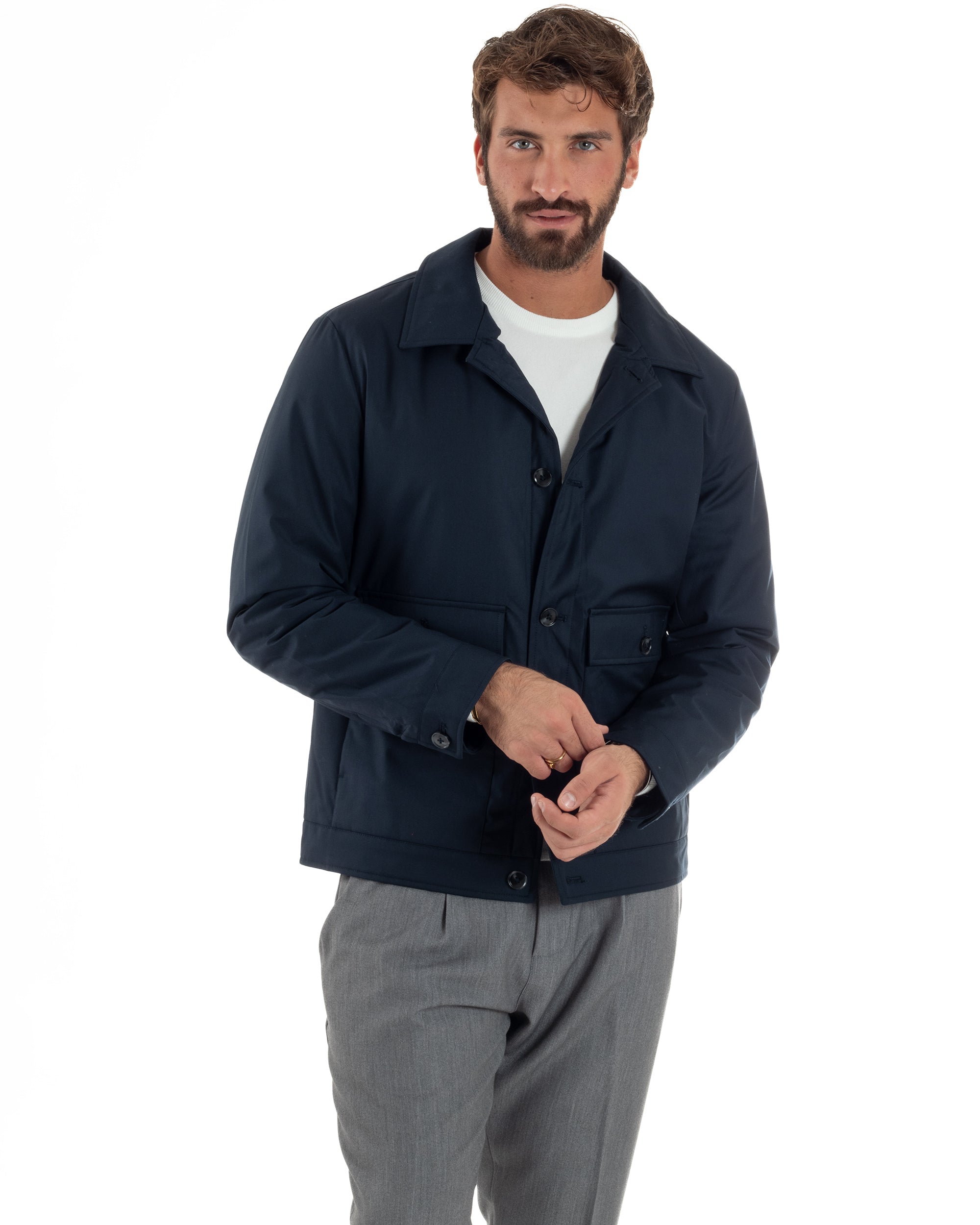 Giubbotto Uomo Tessuto Tecnico Impermeabile Giacca Basic Blu G3352A