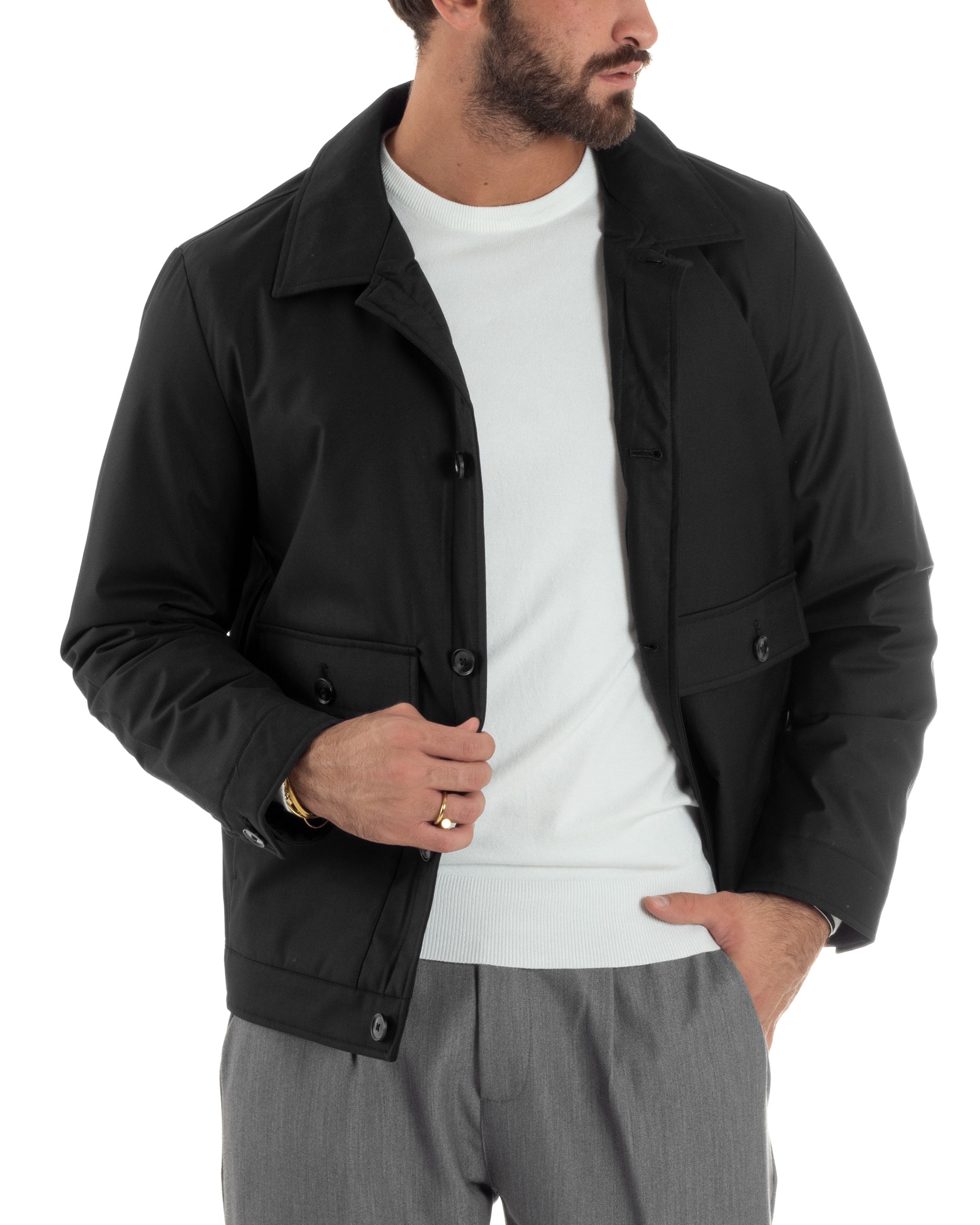 Giubbotto Uomo Tessuto Tecnico Impermeabile Giacca Basic Nero G3353A