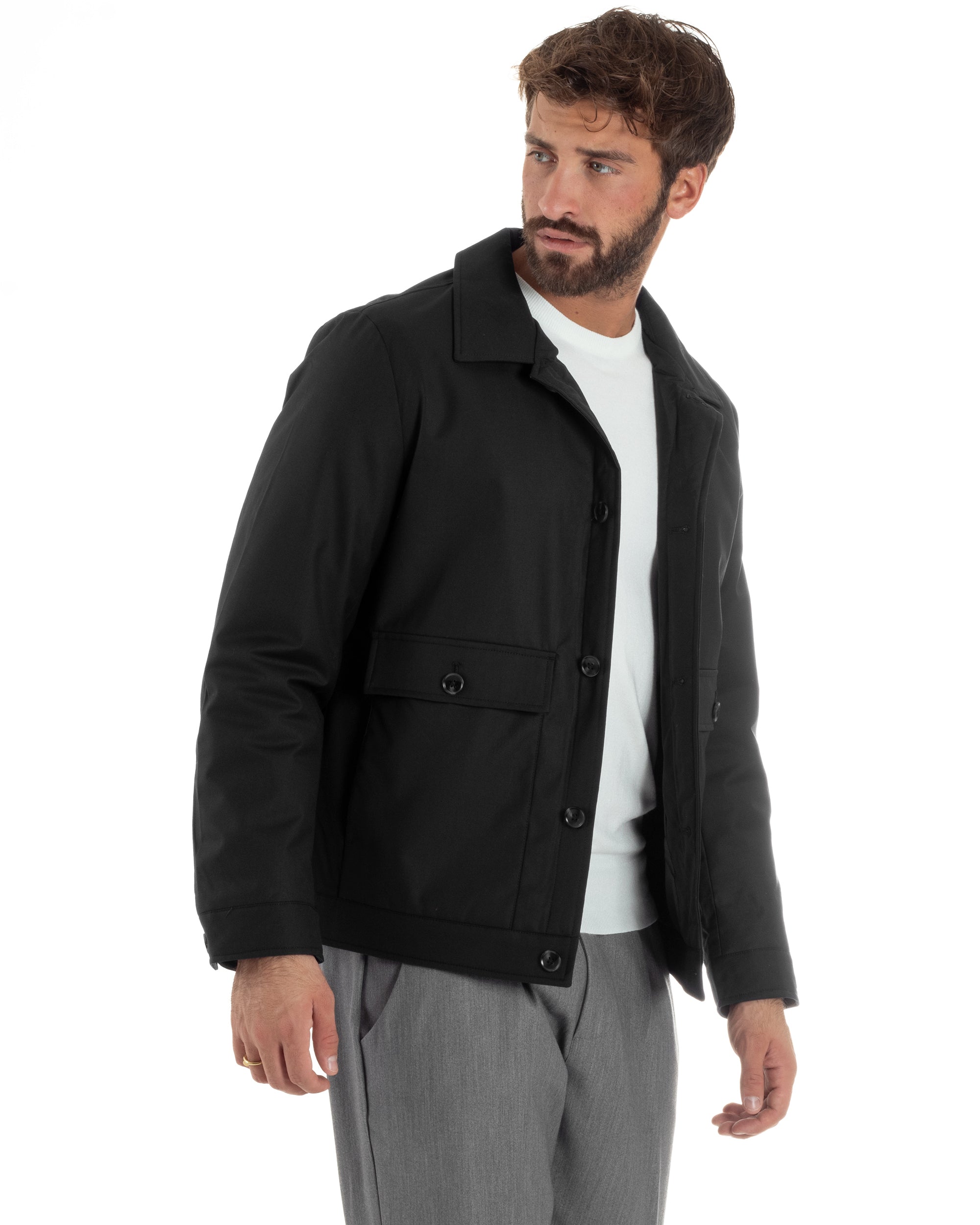 Giubbotto Uomo Tessuto Tecnico Impermeabile Giacca Basic Nero G3353A