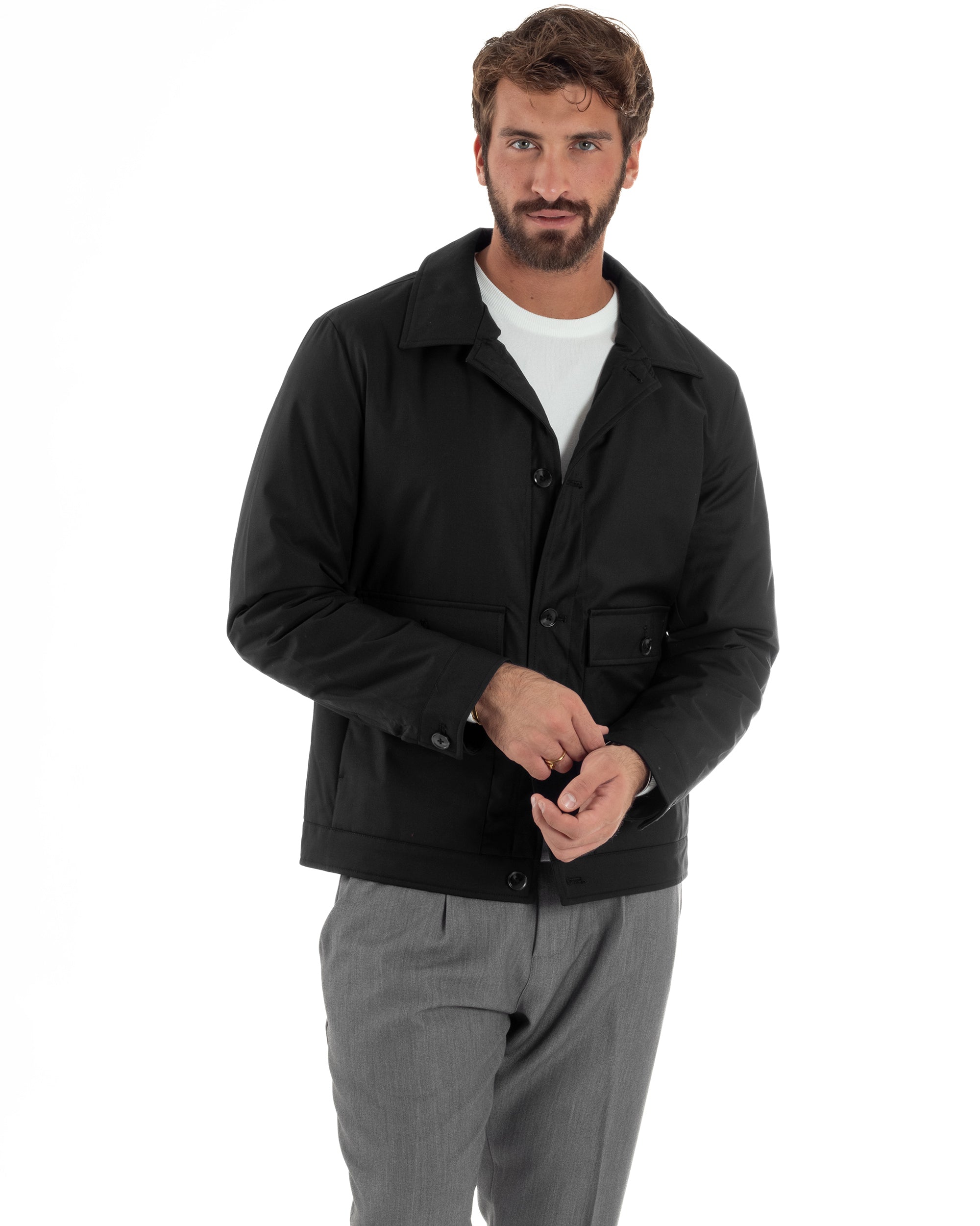 Giubbotto Uomo Tessuto Tecnico Impermeabile Giacca Basic Nero G3353A