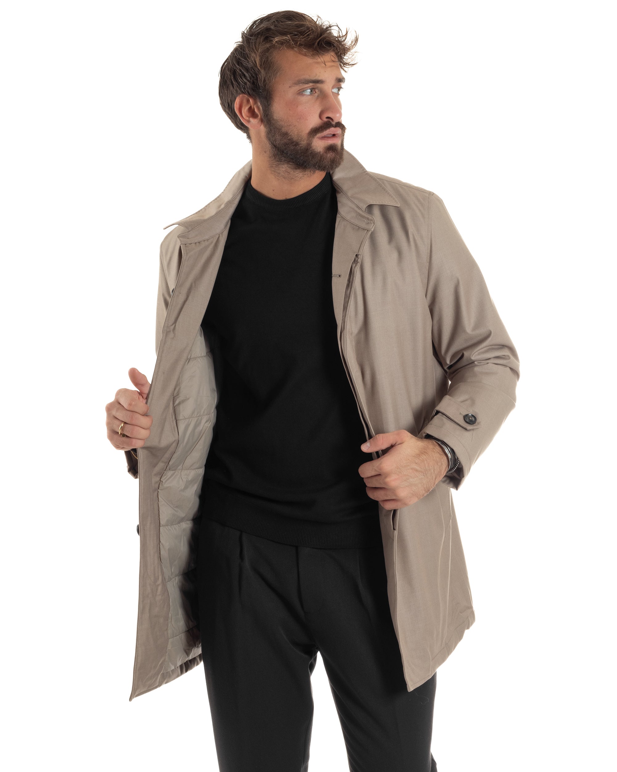 Giubbotto Uomo Trench Impermeabile Tessuto Tecnico Imbottito Beige G3354A