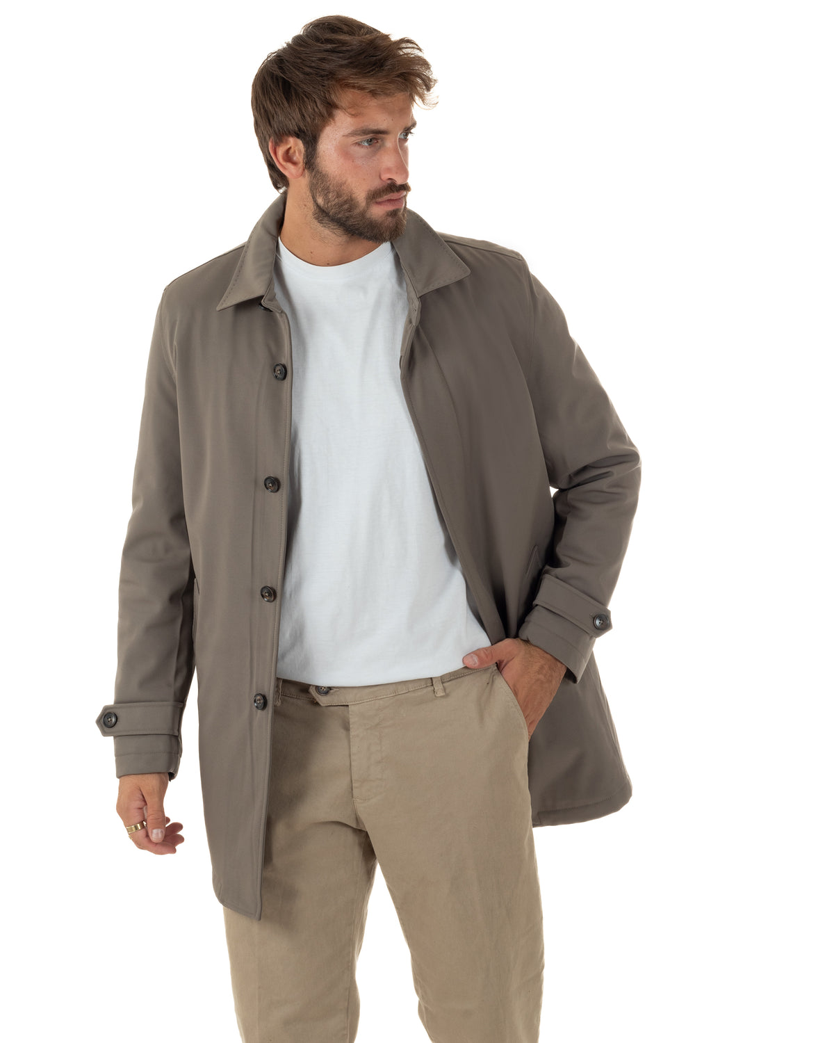 Giubbotto Uomo Trench Impermeabile Tessuto Tecnico Imbottito Beige G3354A
