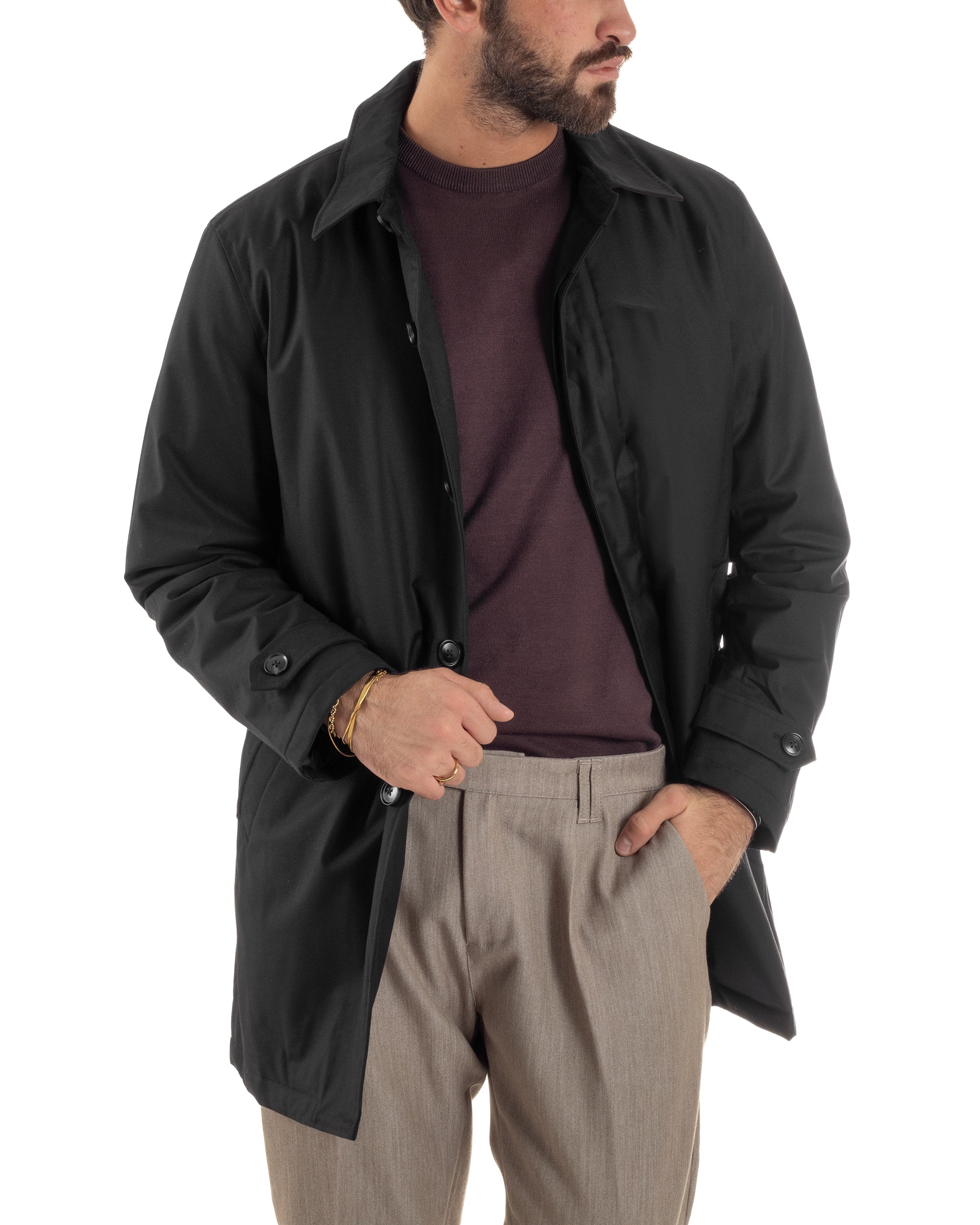 Giubbotto Uomo Trench Impermeabile Tessuto Tecnico Imbottito Nero G3355A