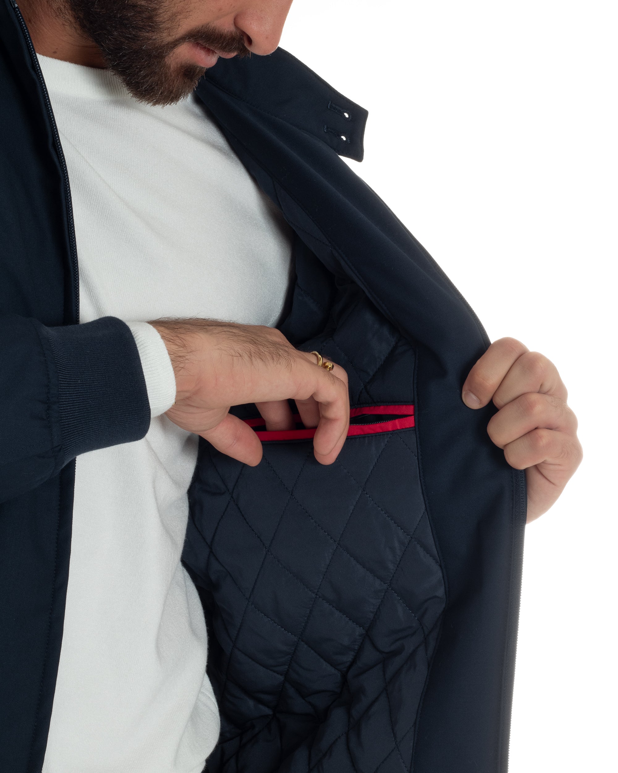 Giubbotto Uomo Tessuto Tecnico Impermeabile Giacca Basic Zip Blu G3356A