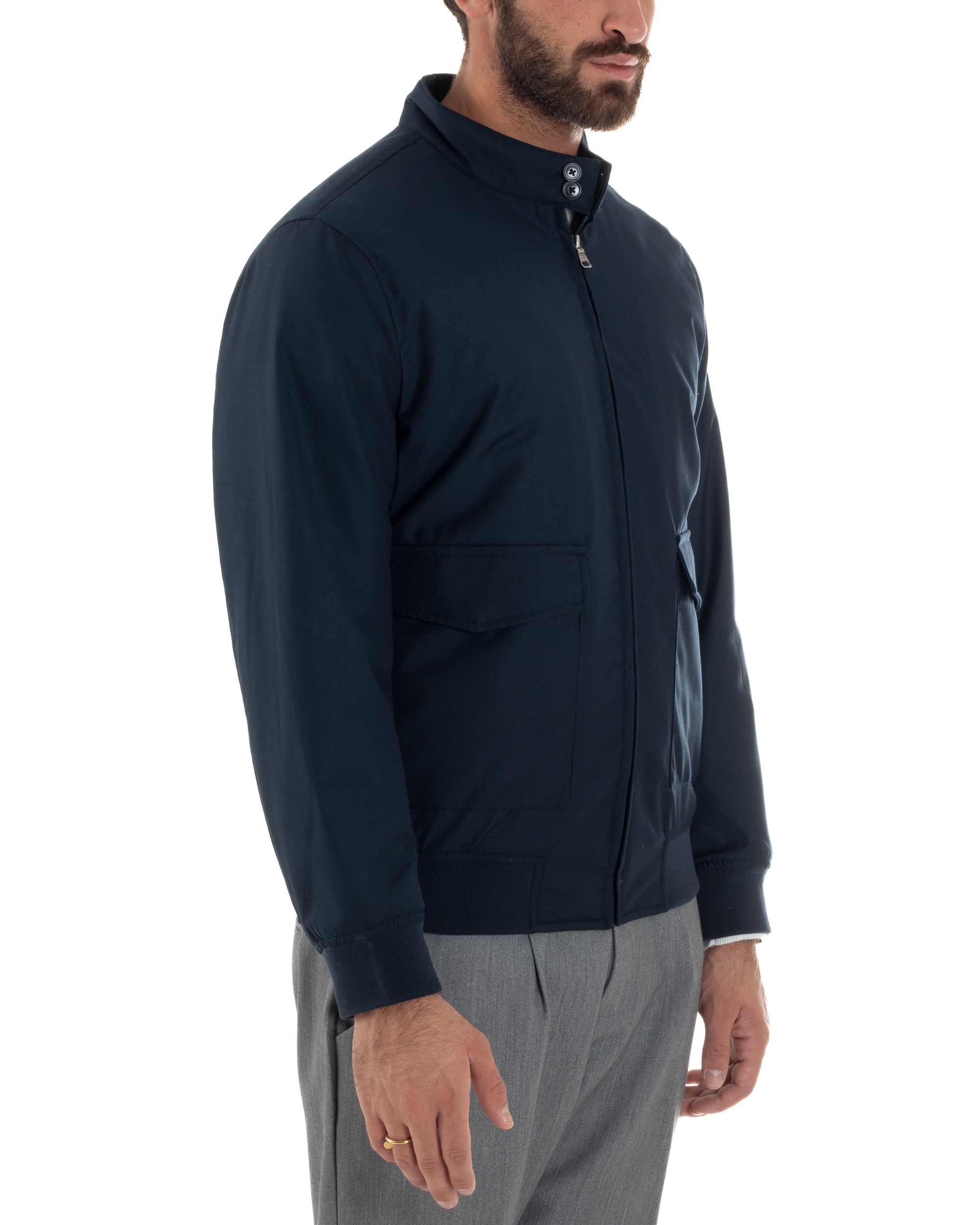 Giubbotto Uomo Tessuto Tecnico Impermeabile Giacca Basic Zip Blu G3356A