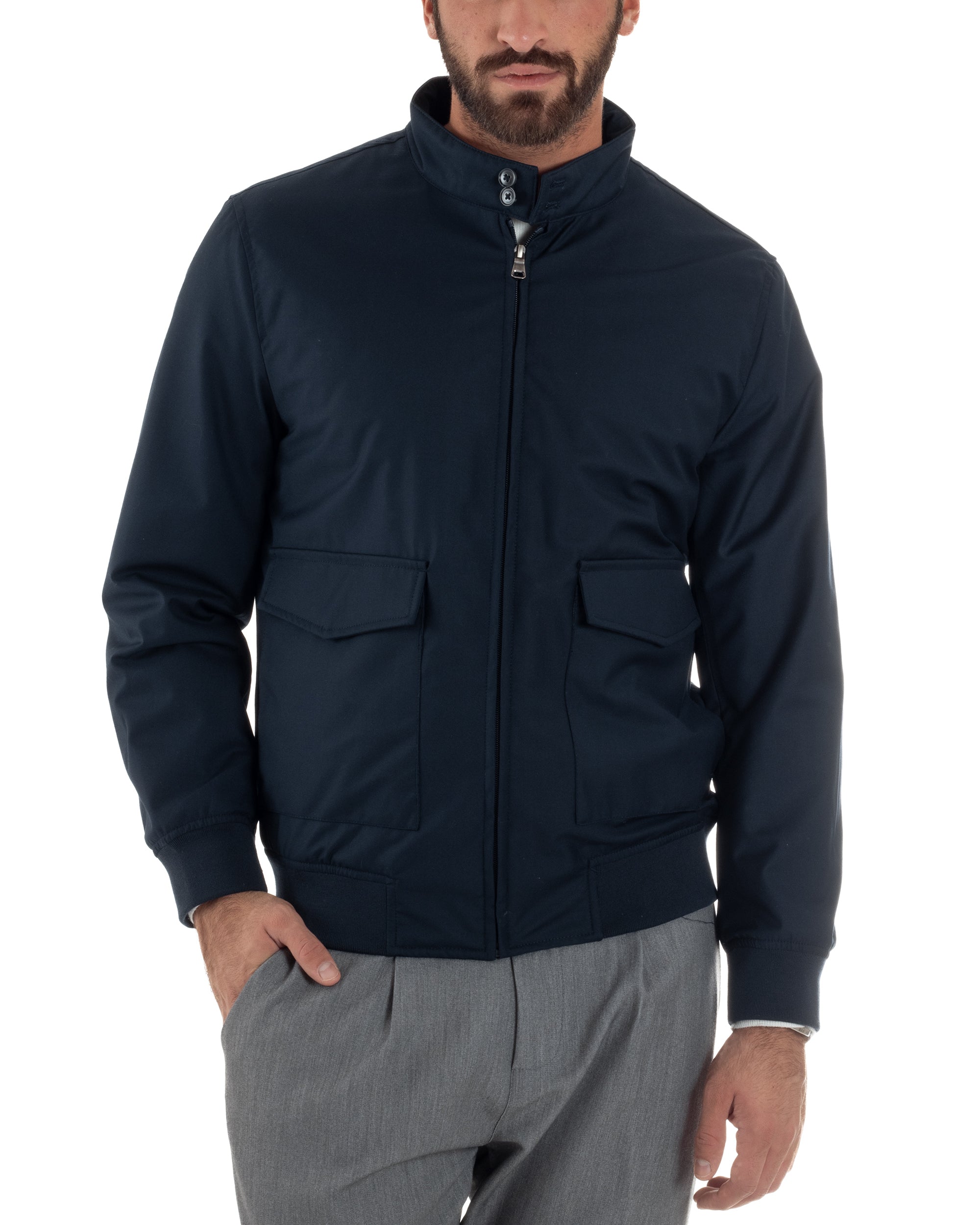 Giubbotto Uomo Tessuto Tecnico Impermeabile Giacca Basic Zip Blu G3356A