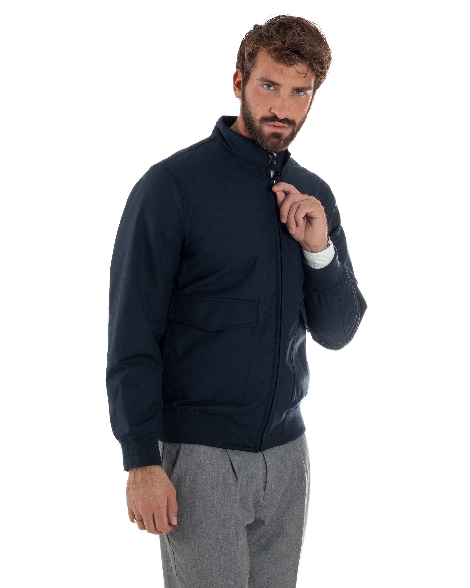 Giubbotto Uomo Tessuto Tecnico Impermeabile Giacca Basic Zip Blu G3356A