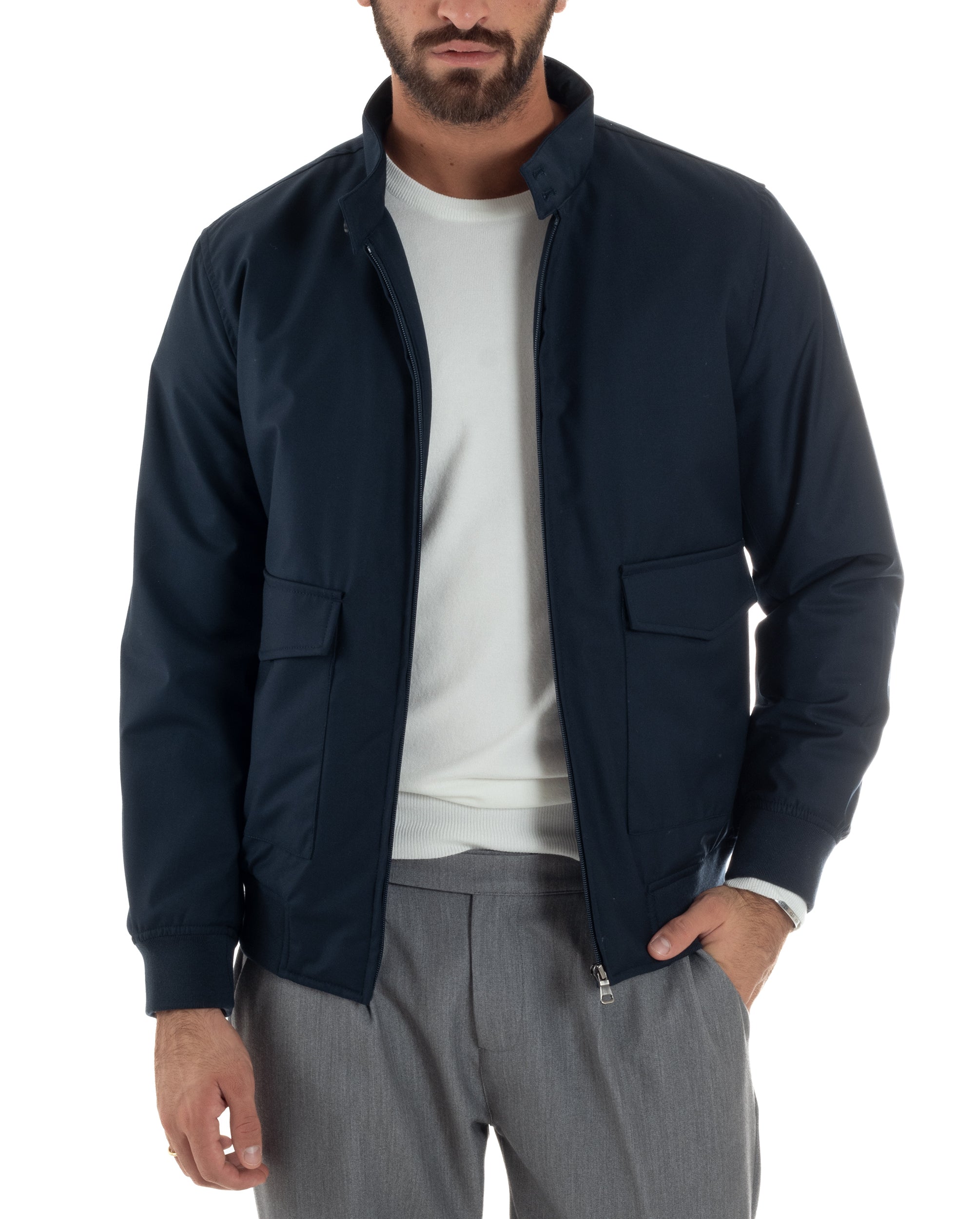 Giubbotto Uomo Tessuto Tecnico Impermeabile Giacca Basic Zip Blu G3356A