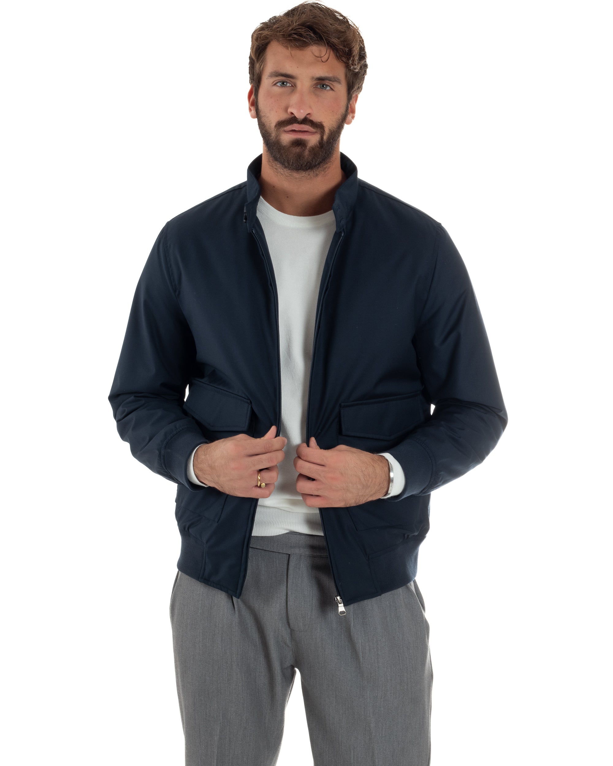 Giubbotto Uomo Tessuto Tecnico Impermeabile Giacca Basic Zip Blu G3356A