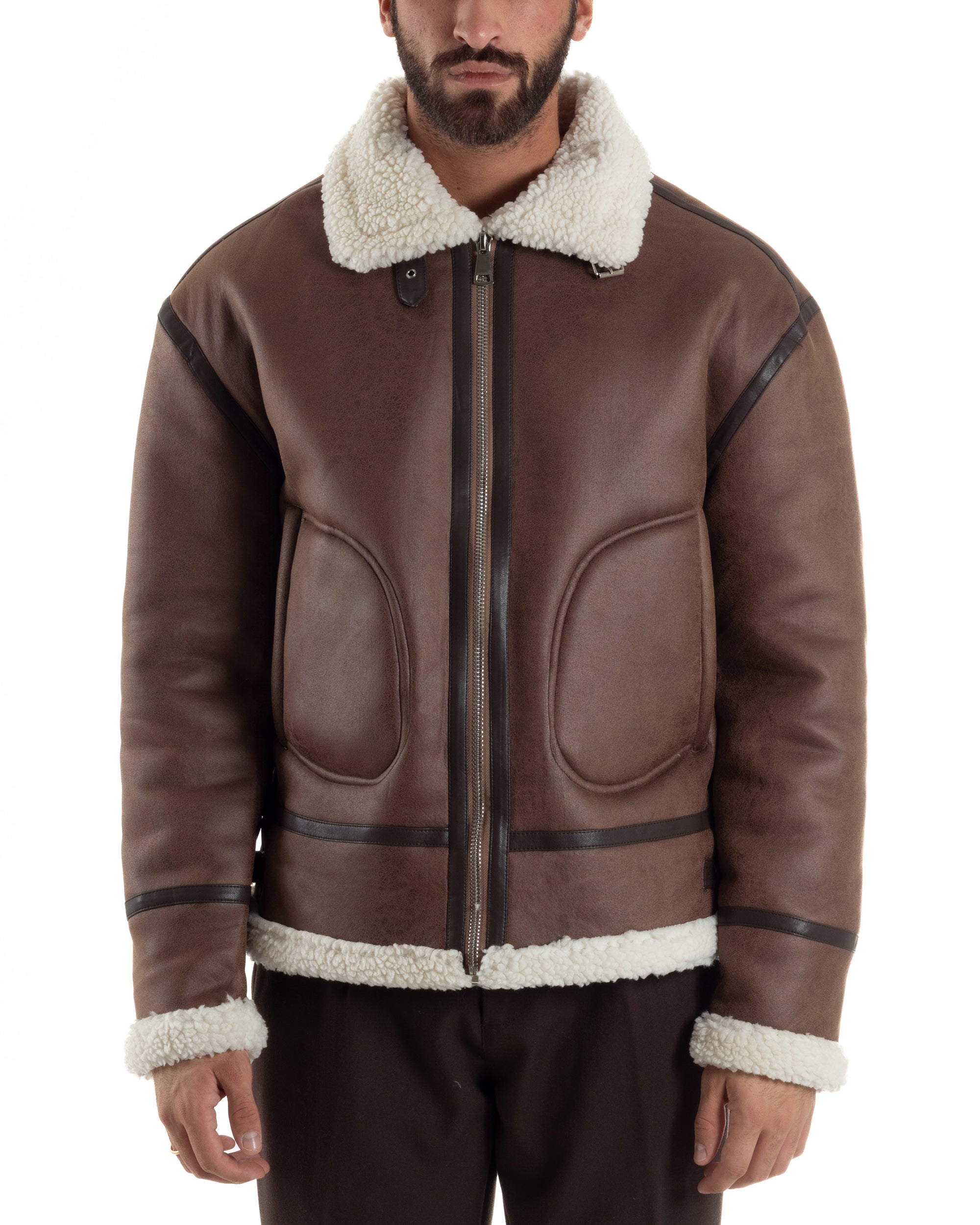 Giubbotto Uomo Montone Ecopelle Giacca College Pelliccia Marrone G3357A