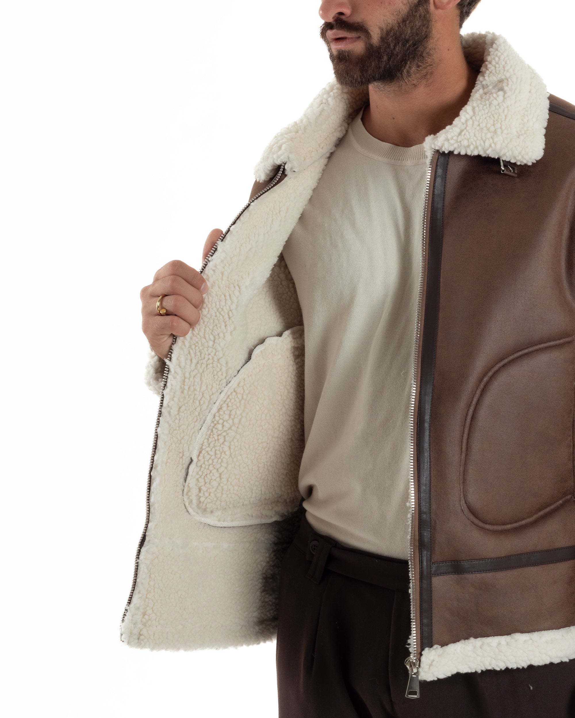 Giubbotto Uomo Montone Ecopelle Giacca College Pelliccia Marrone G3357A