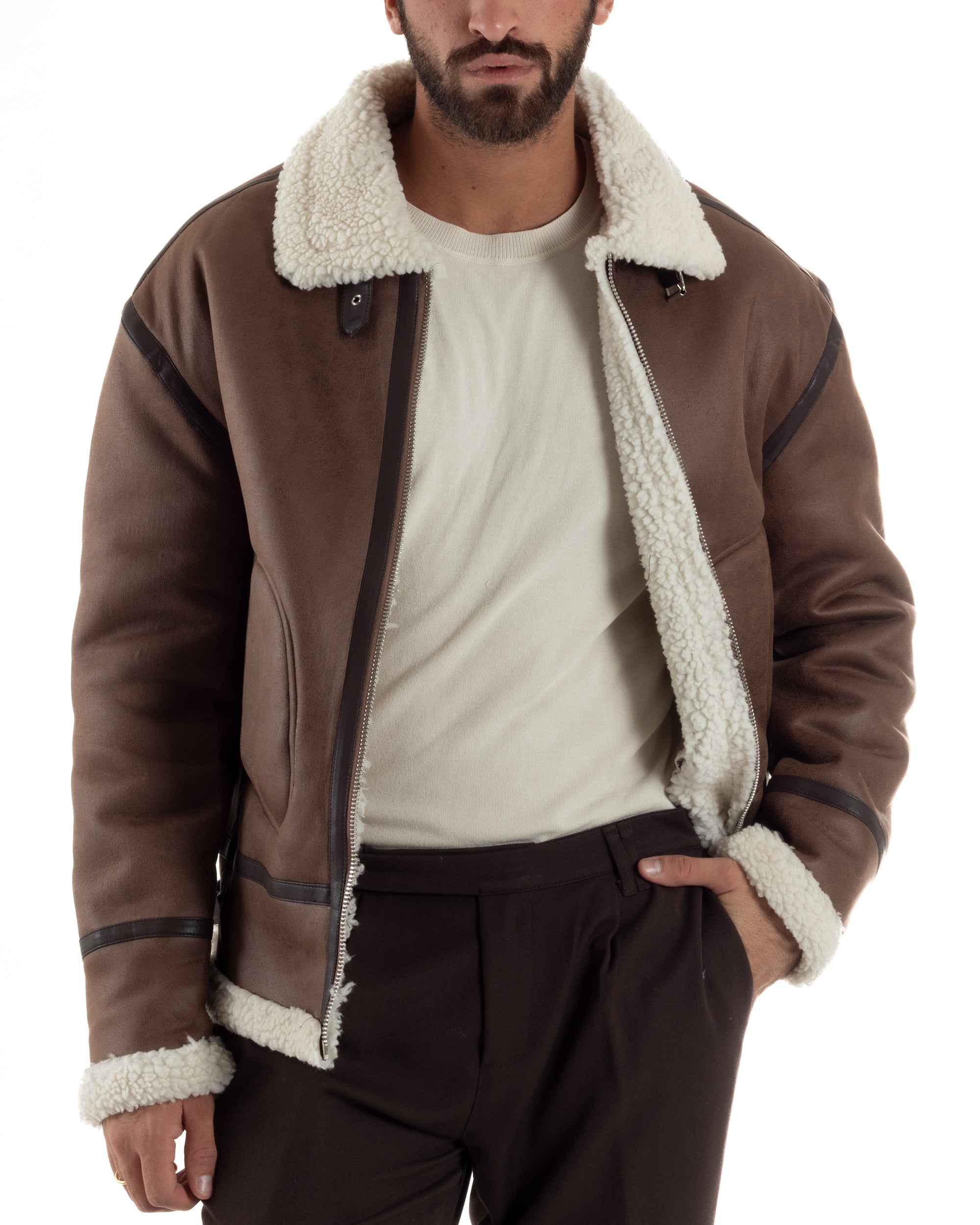 Giubbotto Uomo Montone Ecopelle Giacca College Pelliccia Marrone G3357A