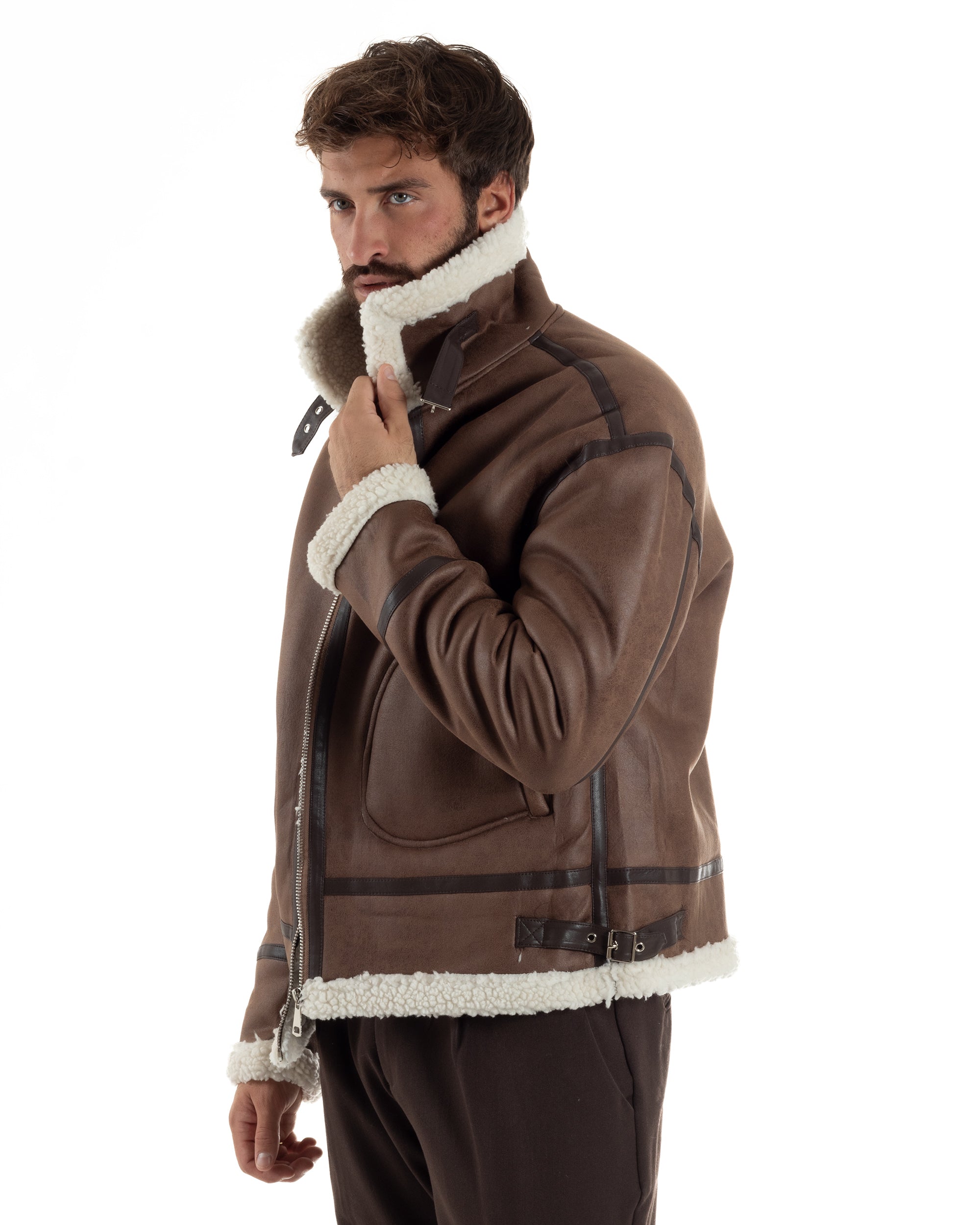 Giubbotto Uomo Montone Ecopelle Giacca College Pelliccia Marrone G3357A