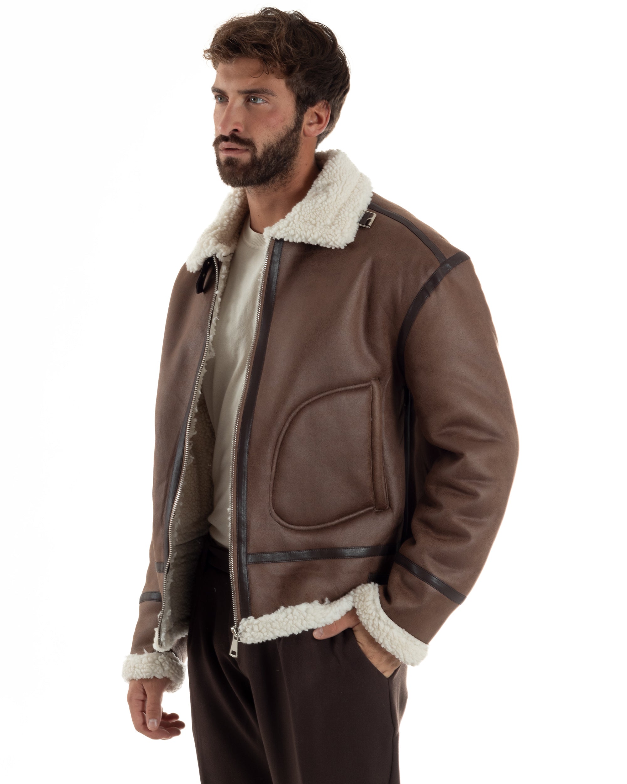 Giubbotto Uomo Montone Ecopelle Giacca College Pelliccia Marrone G3357A