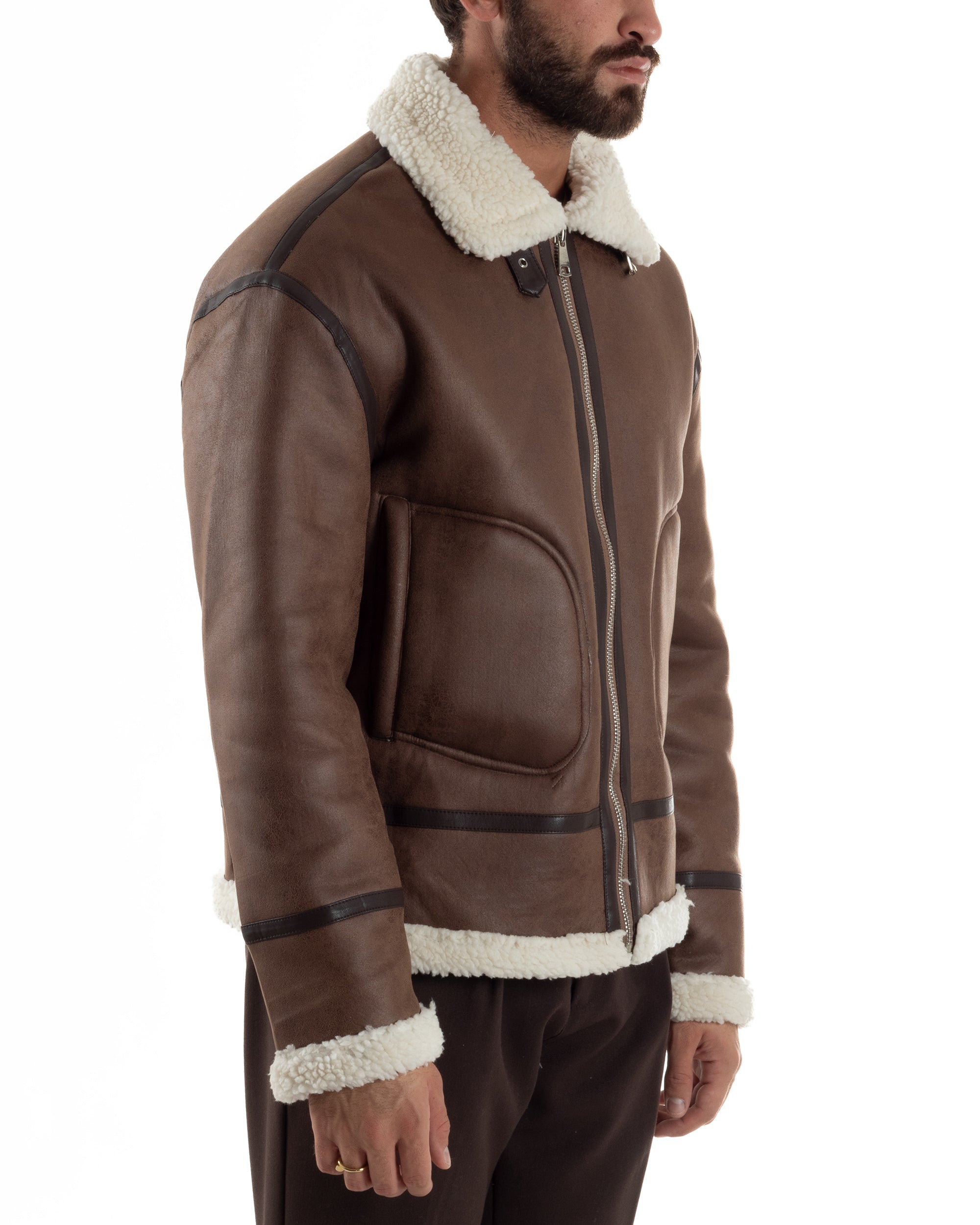 Giubbotto Uomo Montone Ecopelle Giacca College Pelliccia Marrone G3357A