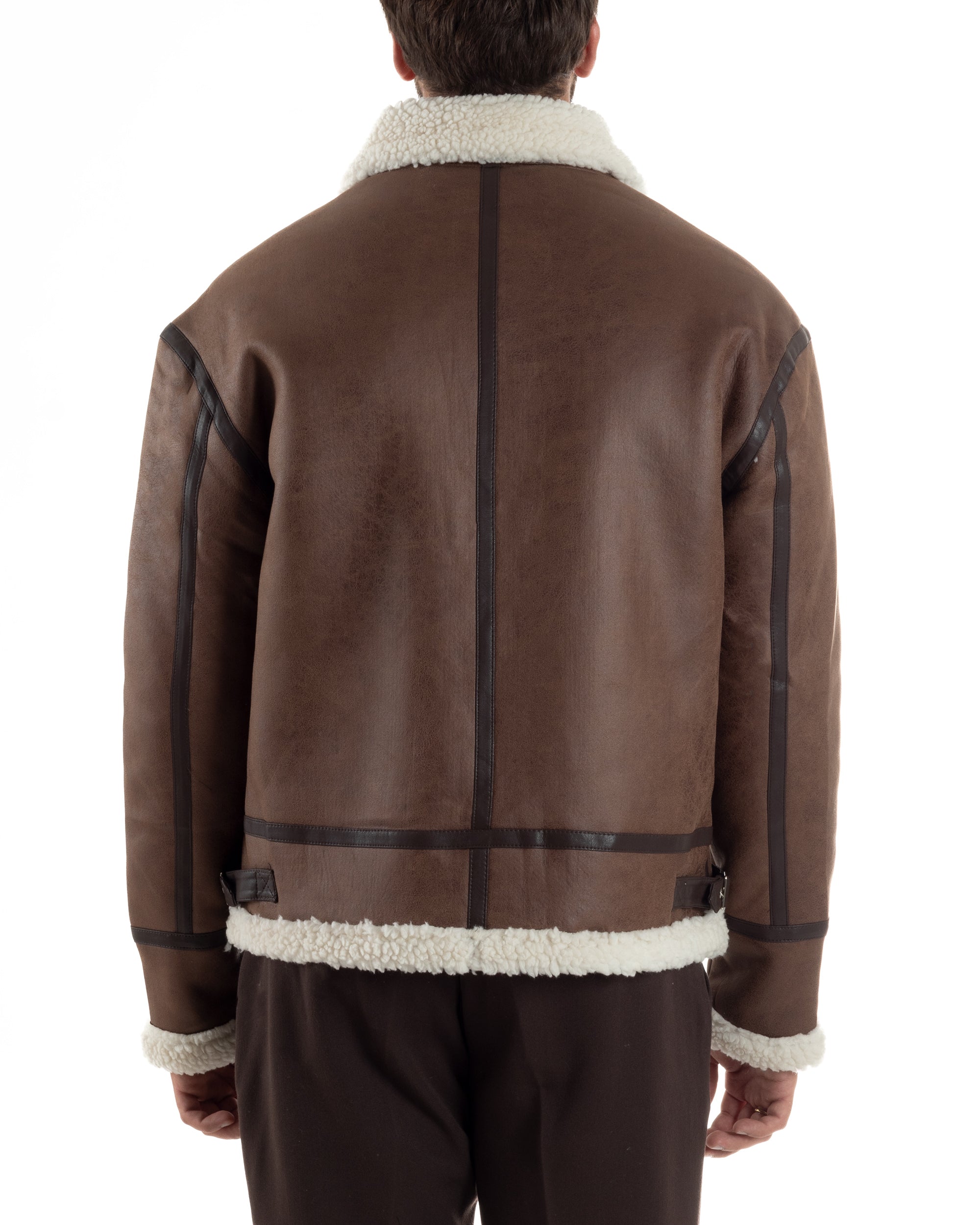 Giubbotto Uomo Montone Ecopelle Giacca College Pelliccia Marrone G3357A