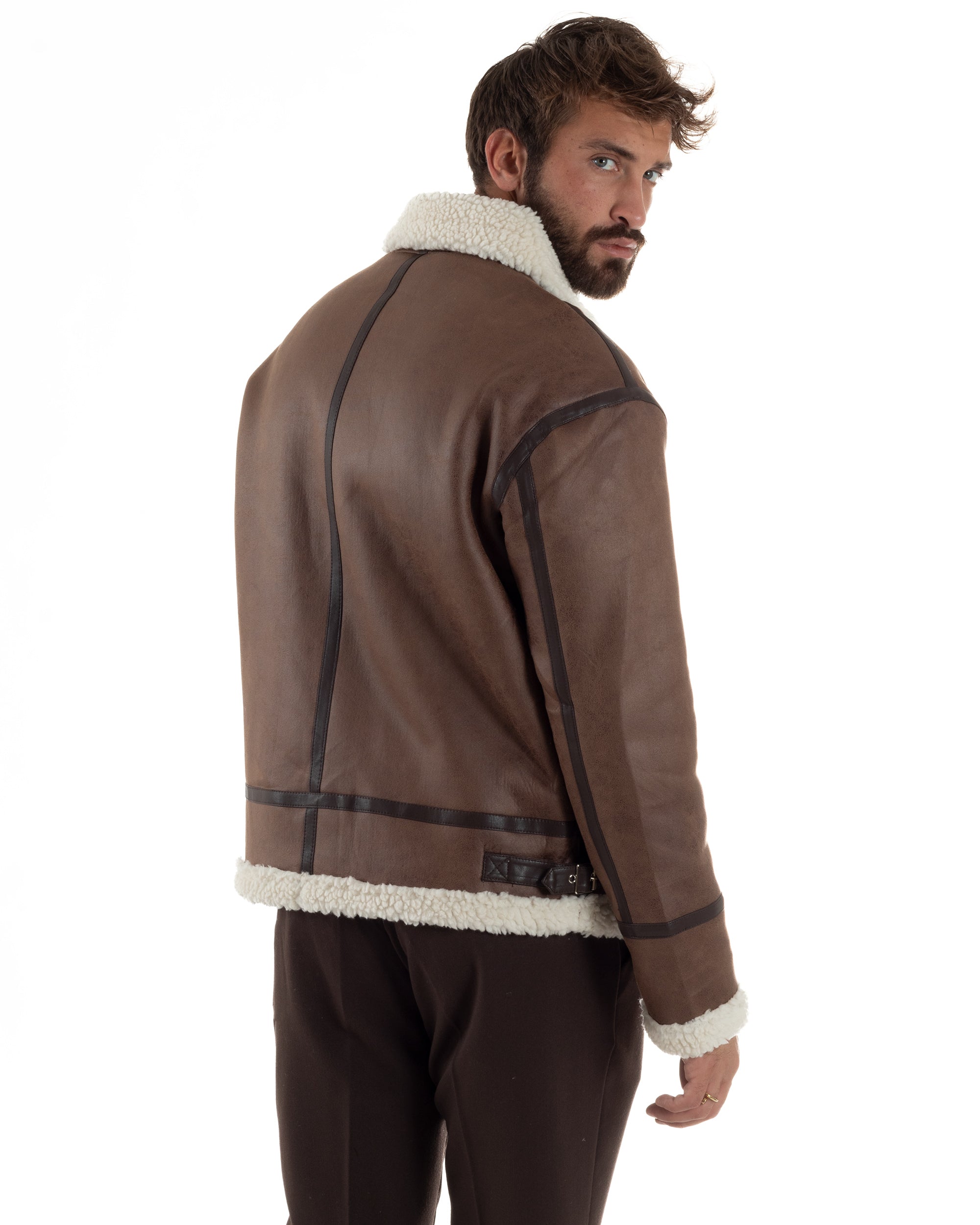 Giubbotto Uomo Montone Ecopelle Giacca College Pelliccia Marrone G3357A