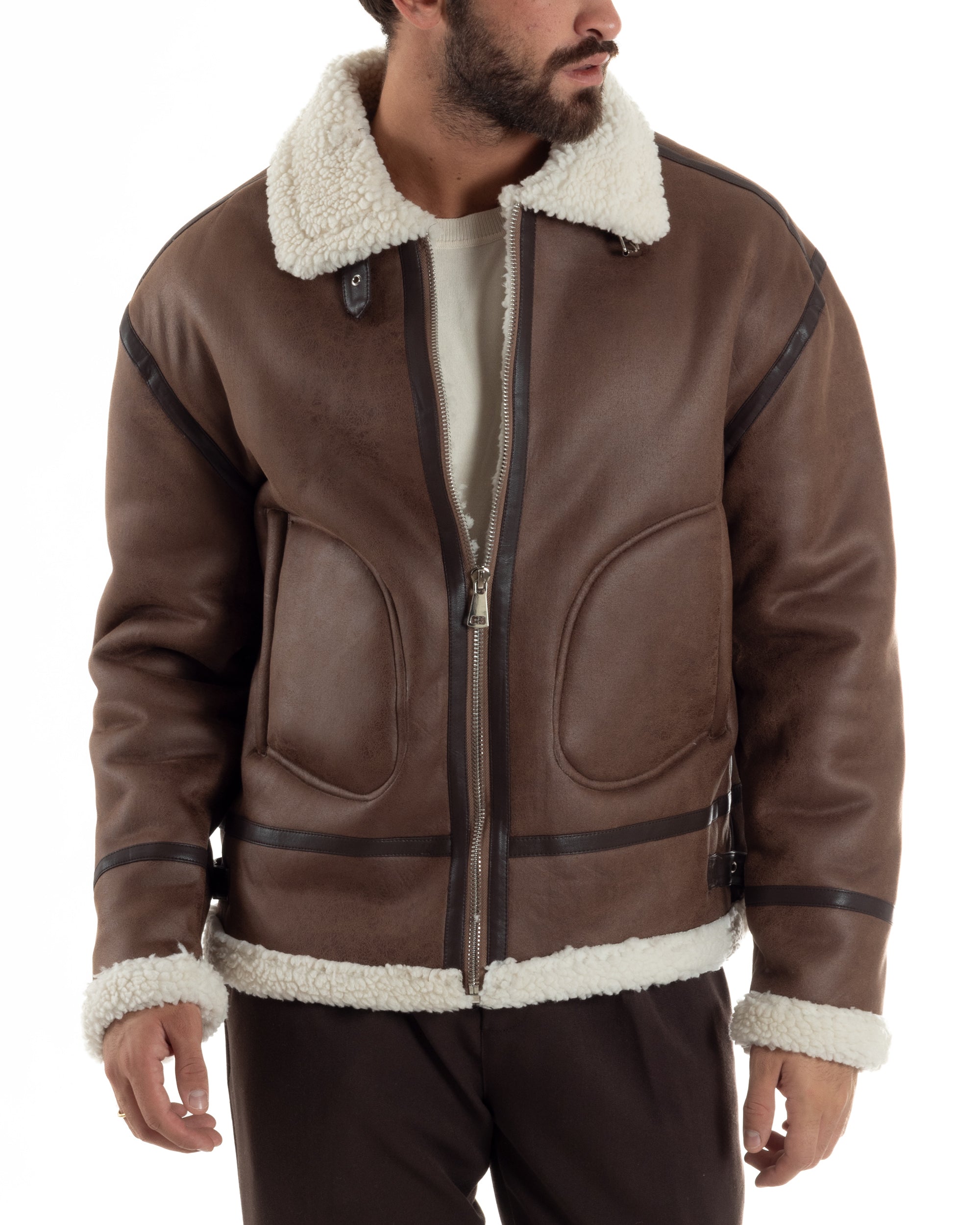 Giubbotto Uomo Montone Ecopelle Giacca College Pelliccia Marrone G3357A