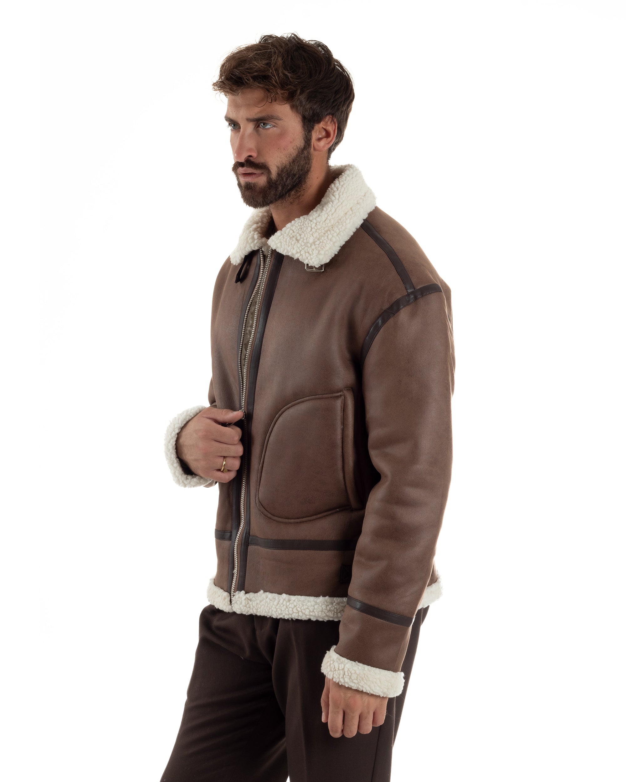 Giubbotto Uomo Montone Ecopelle Giacca College Pelliccia Marrone G3357A