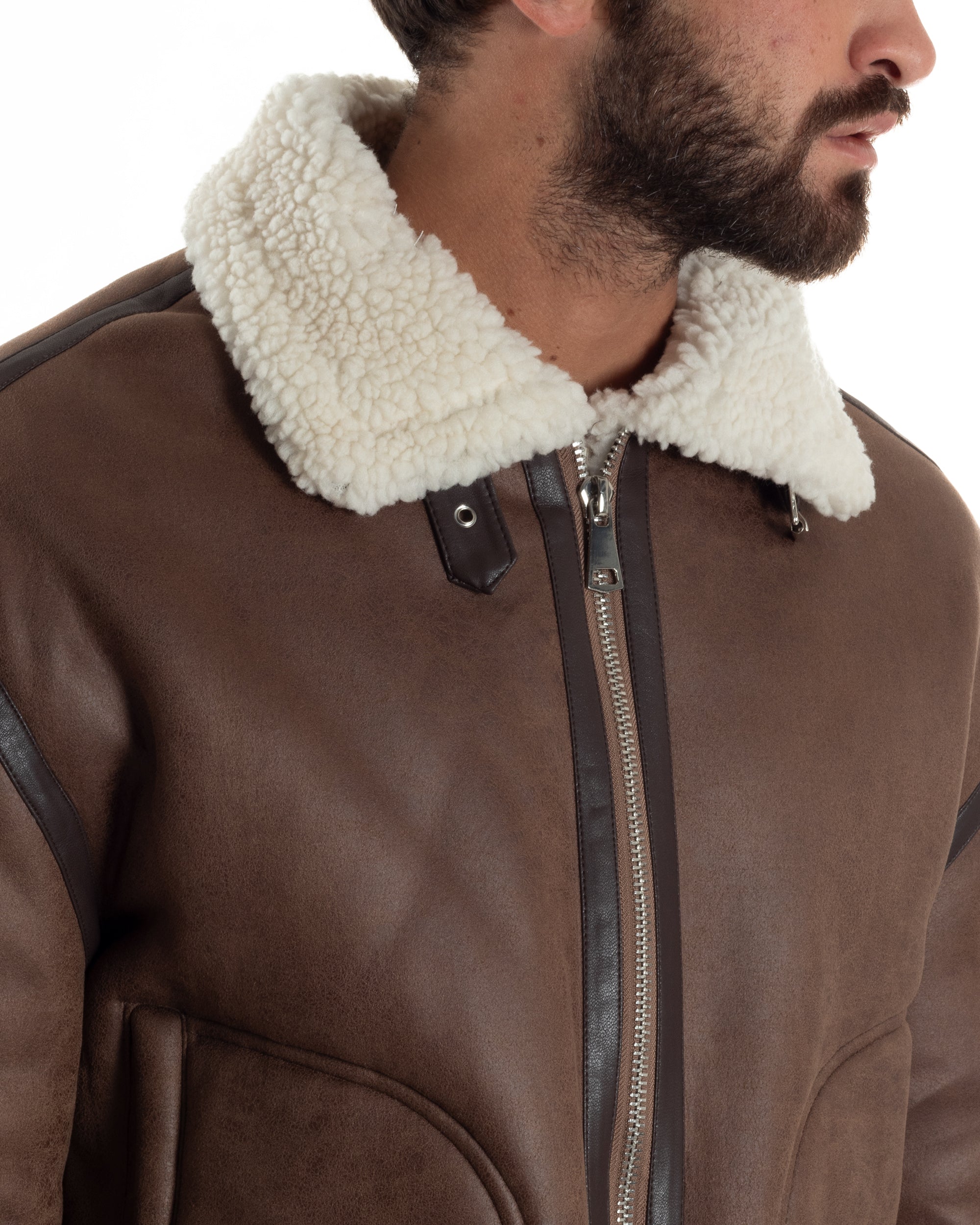 Giubbotto Uomo Montone Ecopelle Giacca College Pelliccia Marrone G3357A