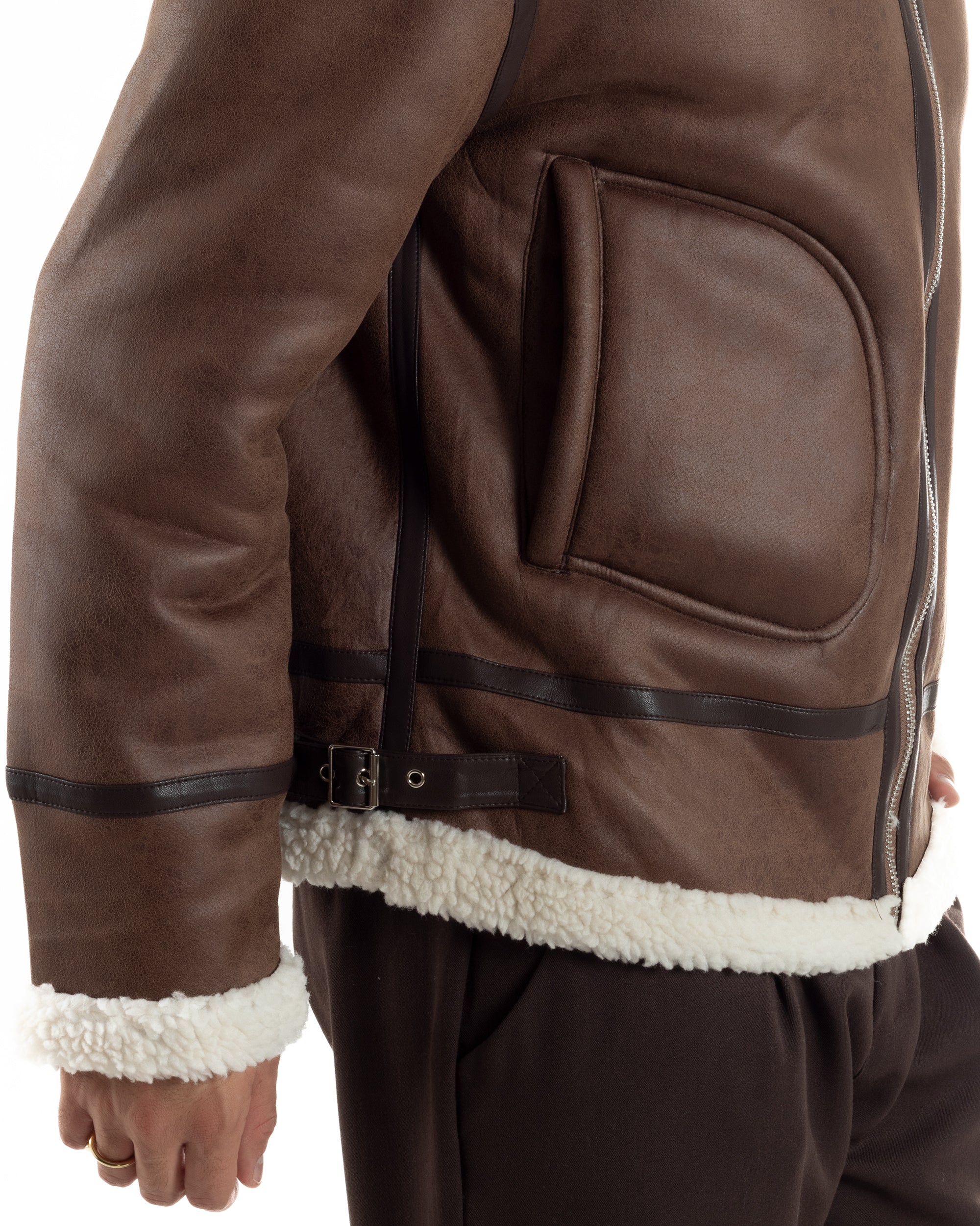 Giubbotto Uomo Montone Ecopelle Giacca College Pelliccia Marrone G3357A