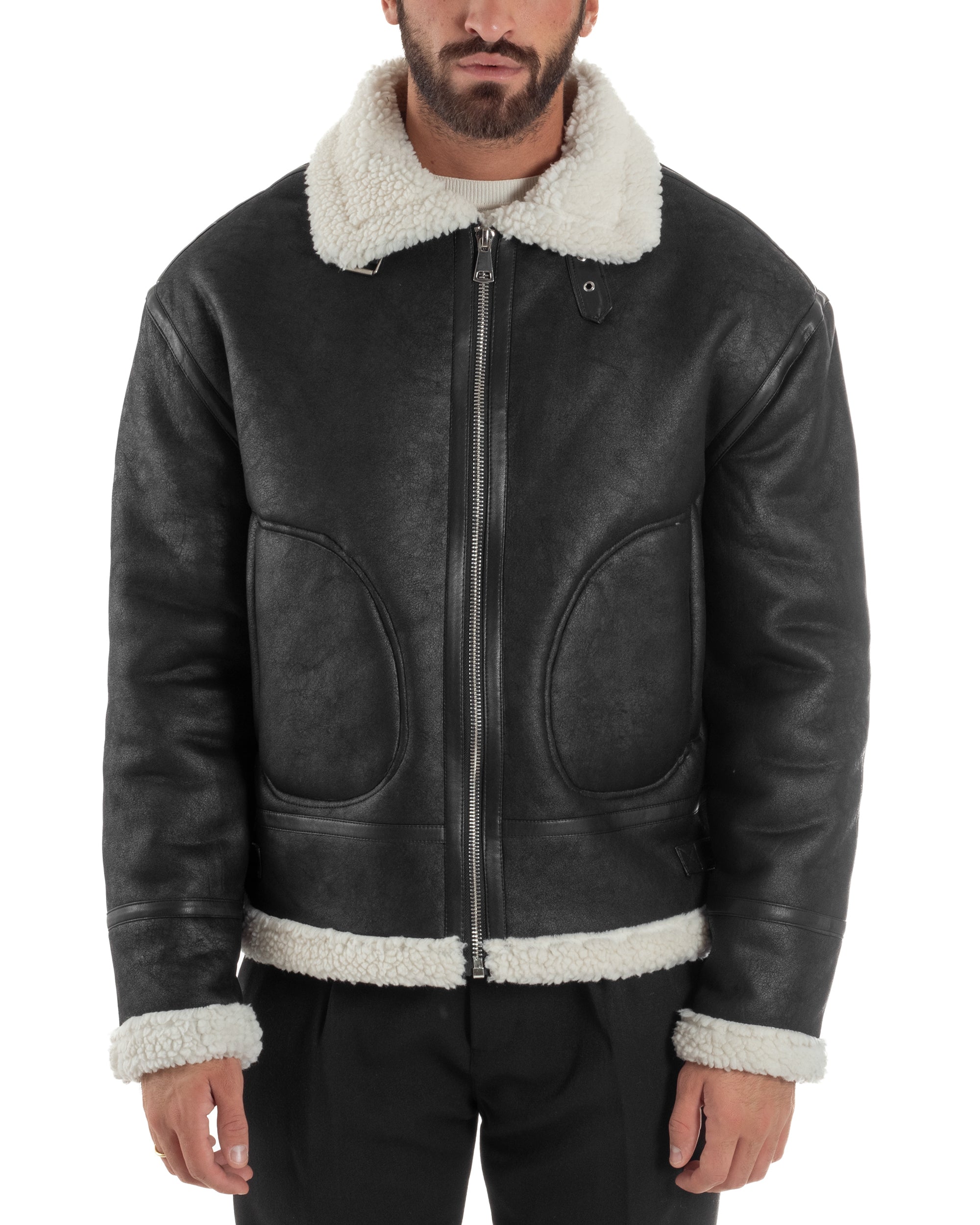 Giubbotto Uomo Montone Ecopelle Giacca College Pelliccia Nero G3358A