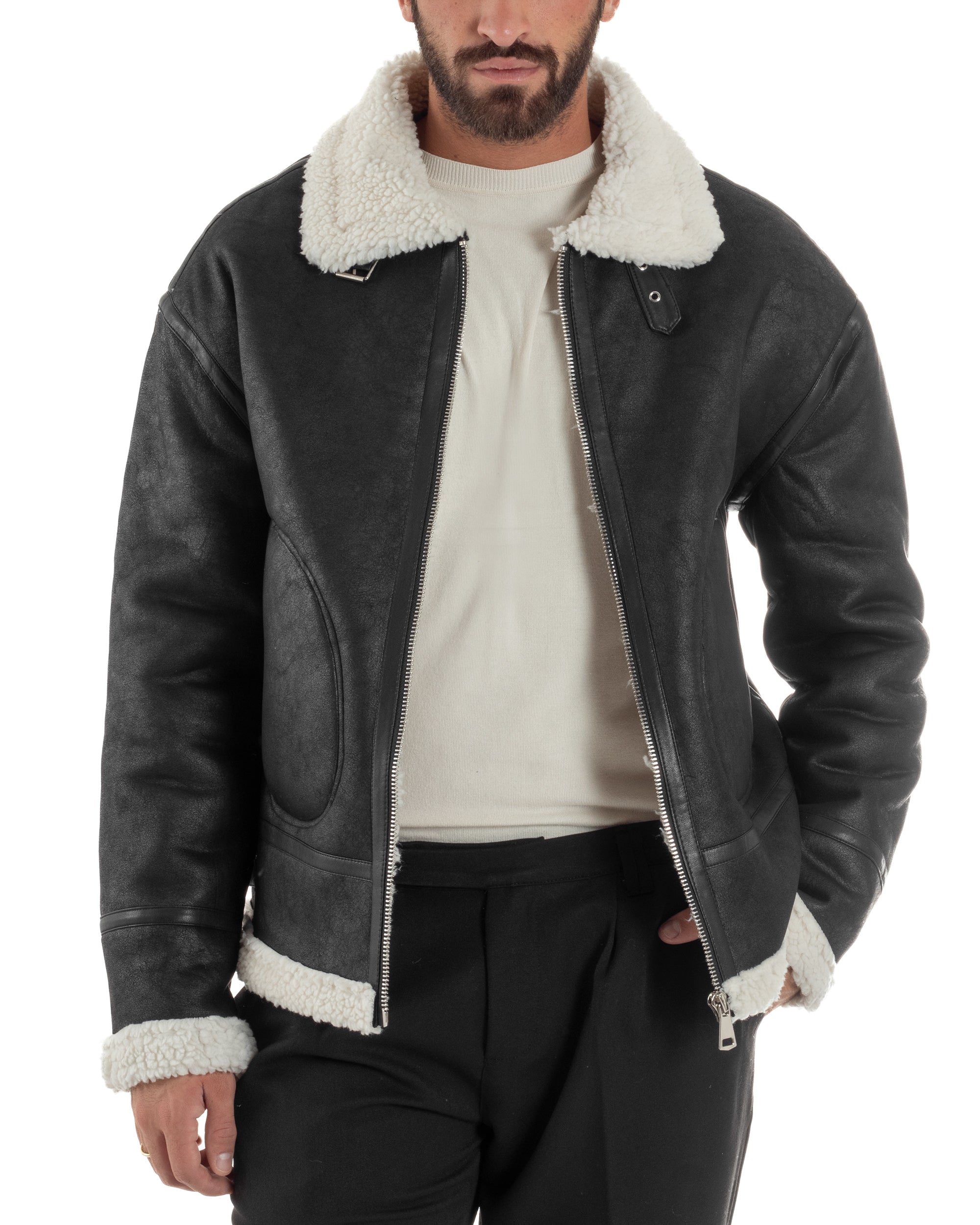 Giubbotto Uomo Montone Ecopelle Giacca College Pelliccia Nero G3358A