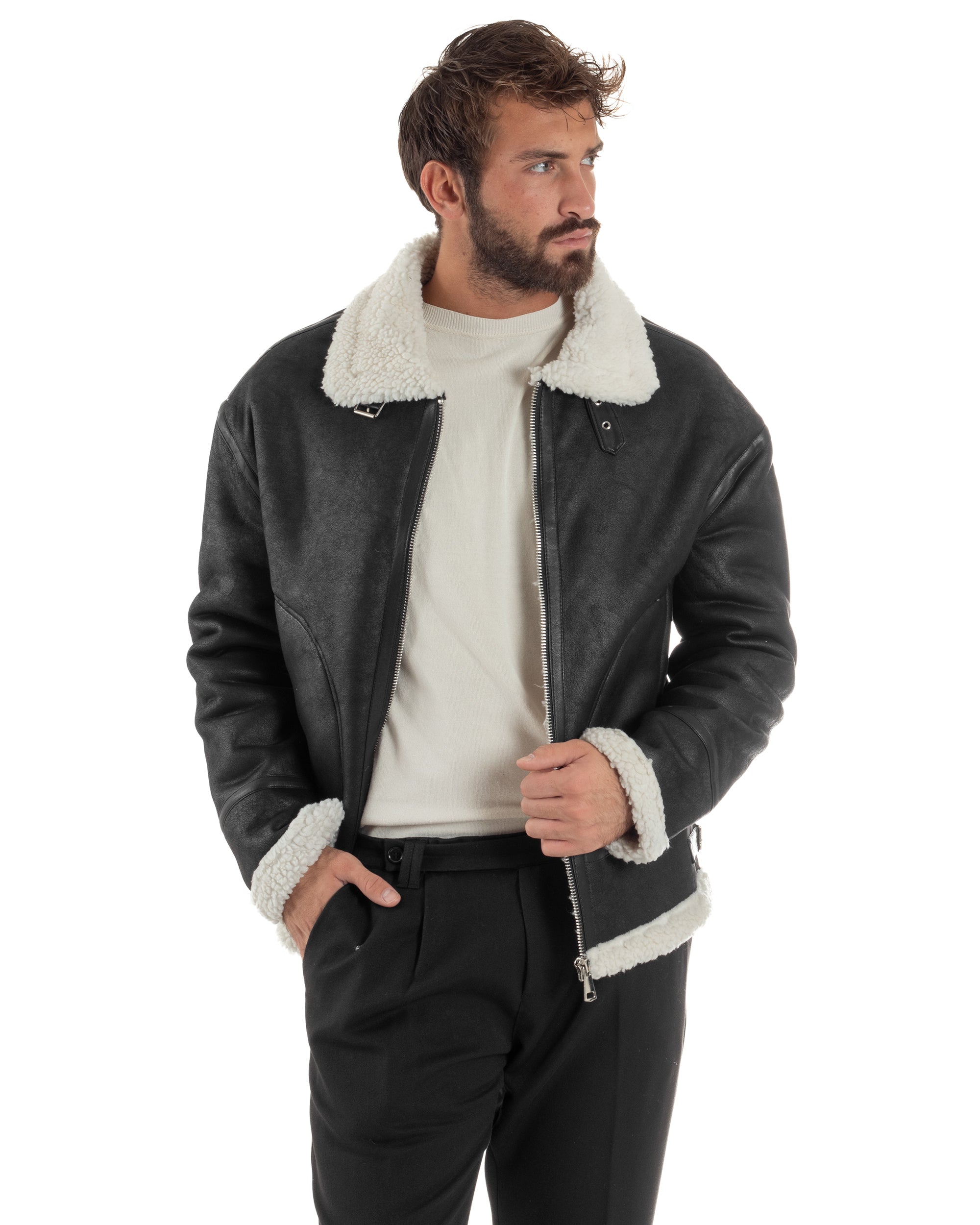 Giubbotto Uomo Montone Ecopelle Giacca College Pelliccia Nero G3358A