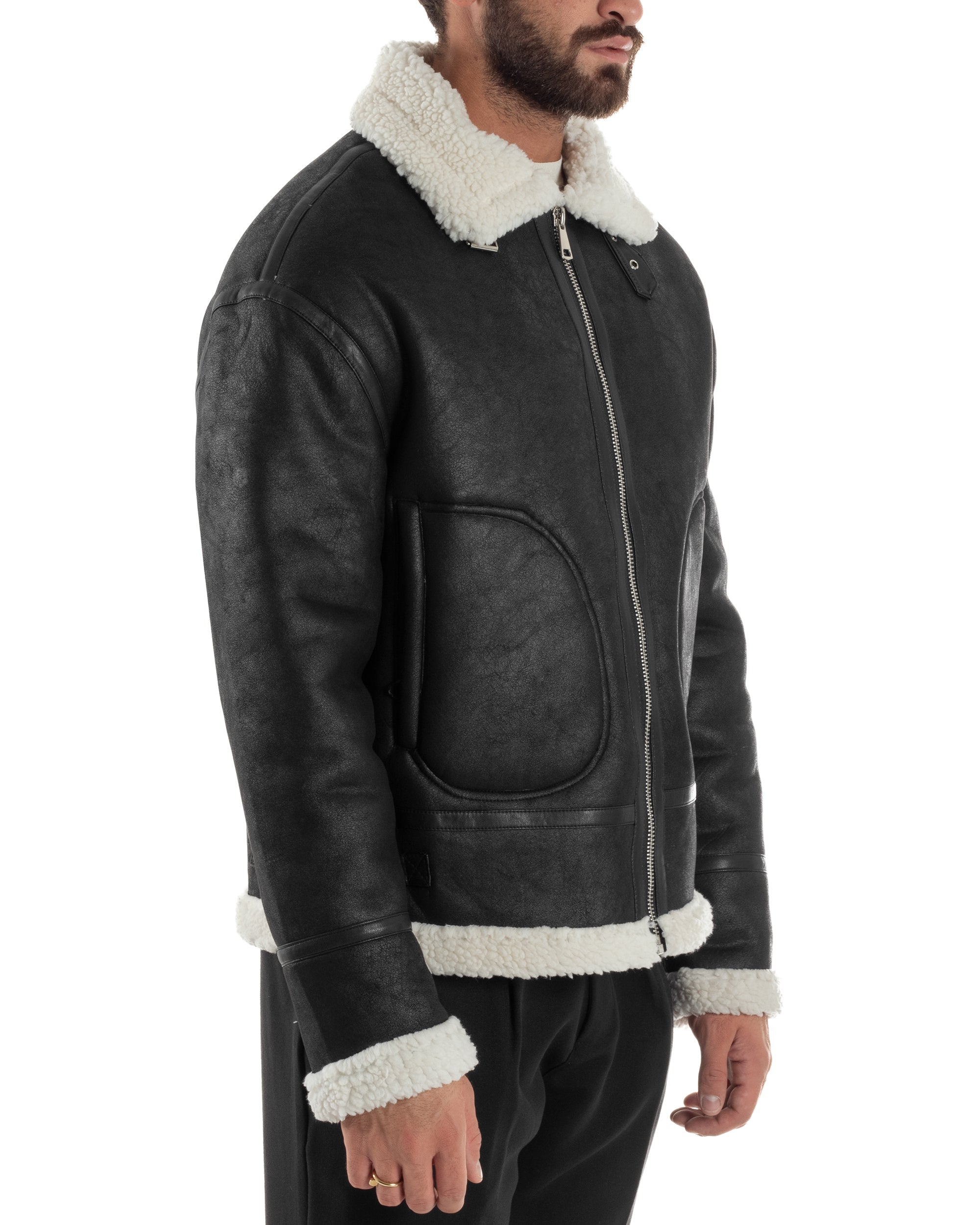 Giubbotto Uomo Montone Ecopelle Giacca College Pelliccia Nero G3358A