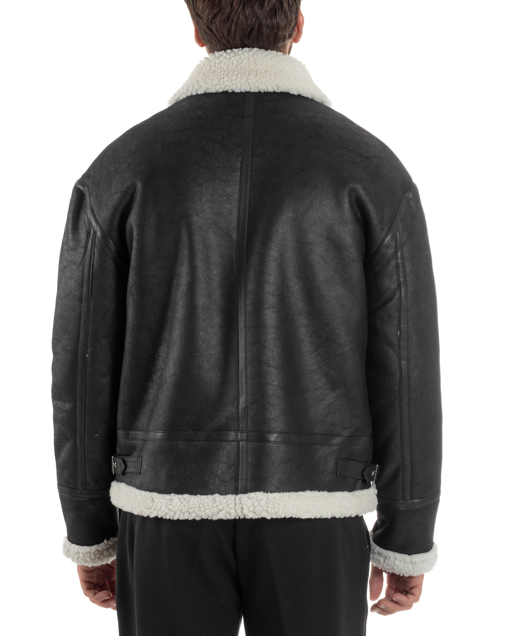 Giubbotto Uomo Montone Ecopelle Giacca College Pelliccia Nero G3358A