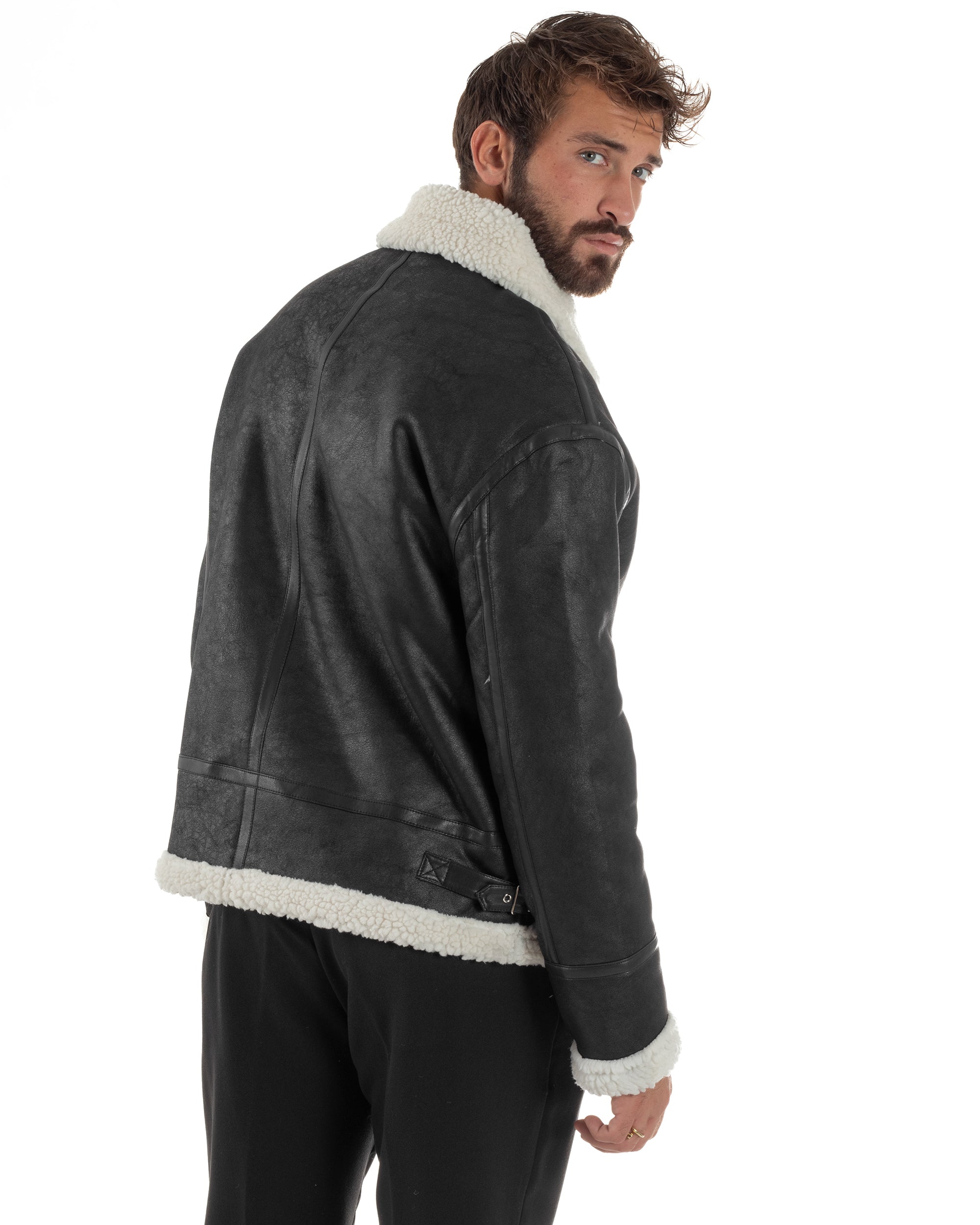 Giubbotto Uomo Montone Ecopelle Giacca College Pelliccia Nero G3358A